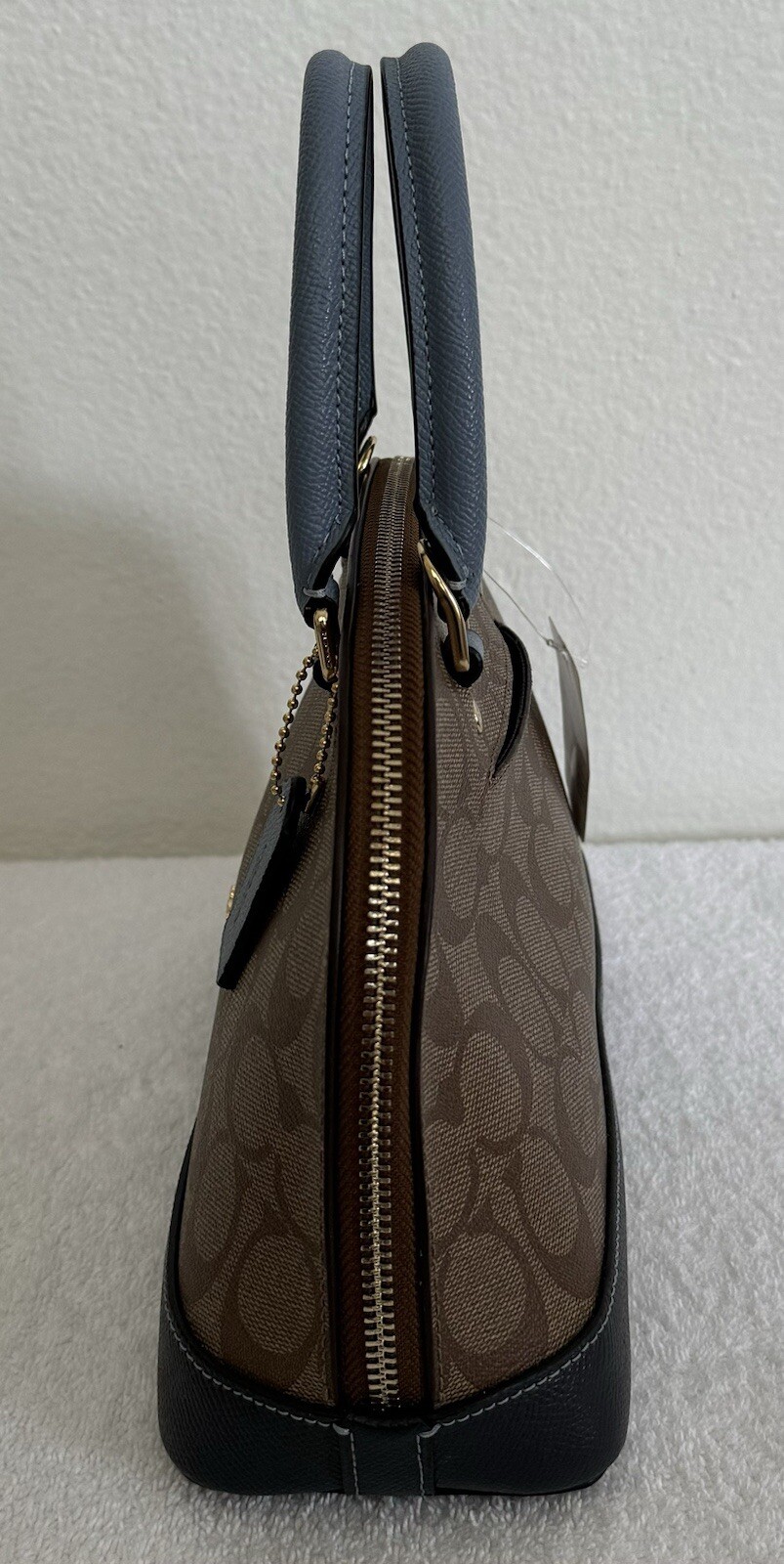 COACH Mini Sierra Satchel Logo Khaki /Midnight Pool / Brown Leather Bag $295 NEW