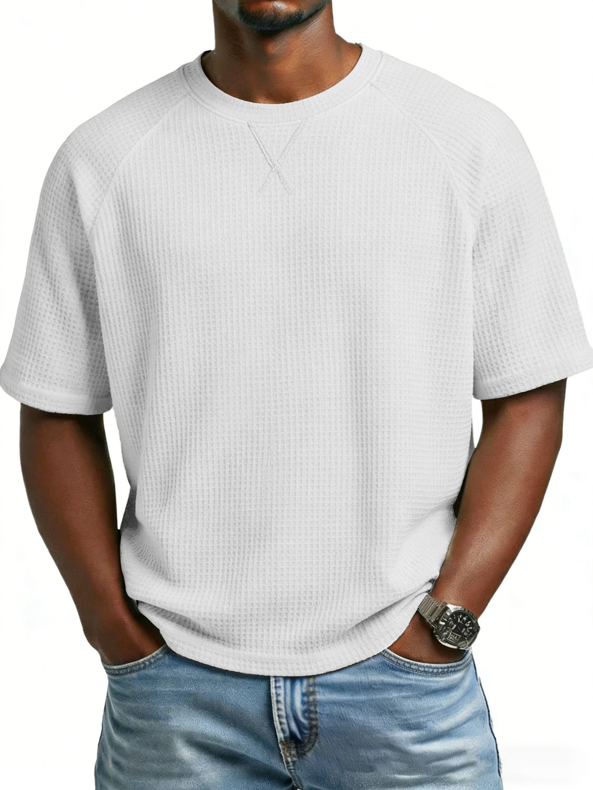 Men’s solid color embroidered raglan crew neck casual sports short sleeve
