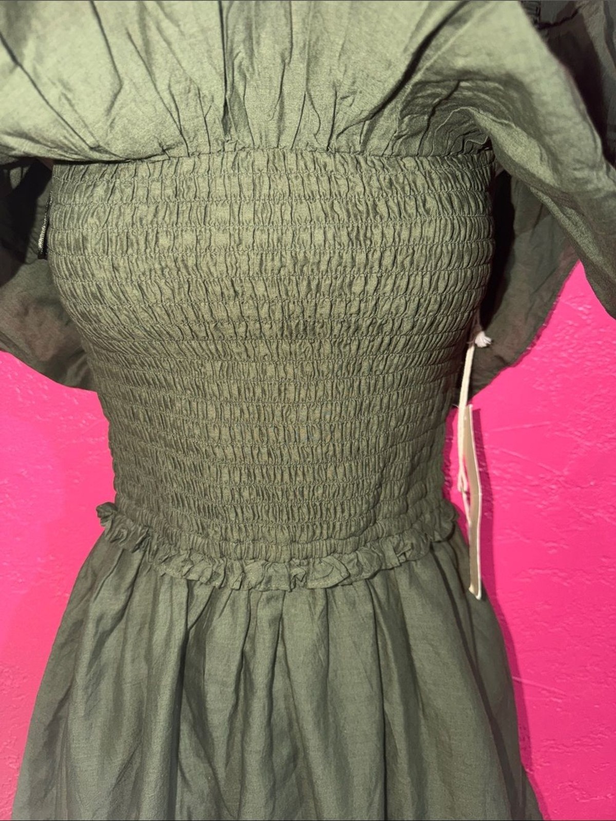 NWT Happy X Nature Olive 100% cotton ruffled smocked boho mini dress. Sz S