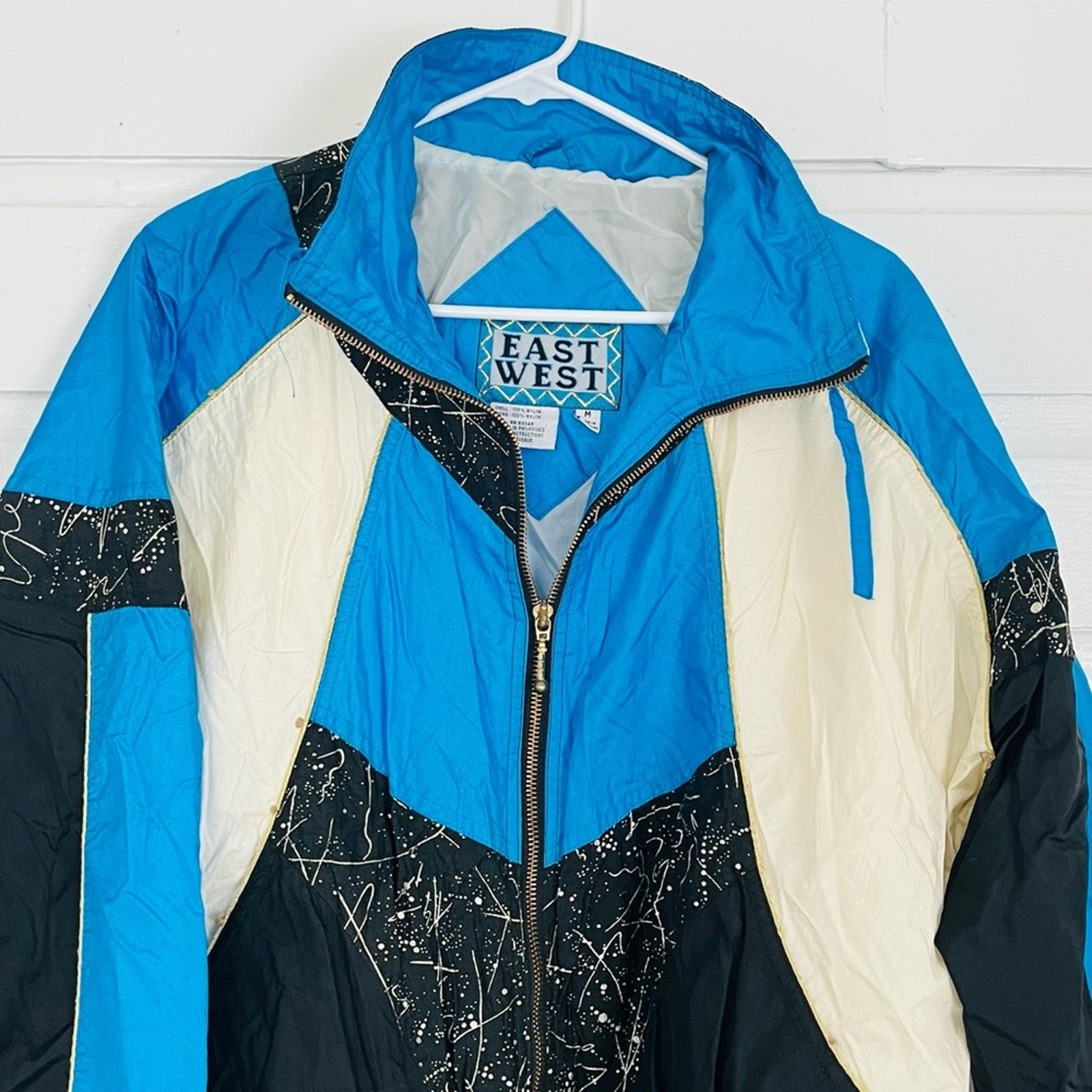 Vintage 90s Windbreaker Jacket Wacky Abstract Electric Blue Gold Black Splatter