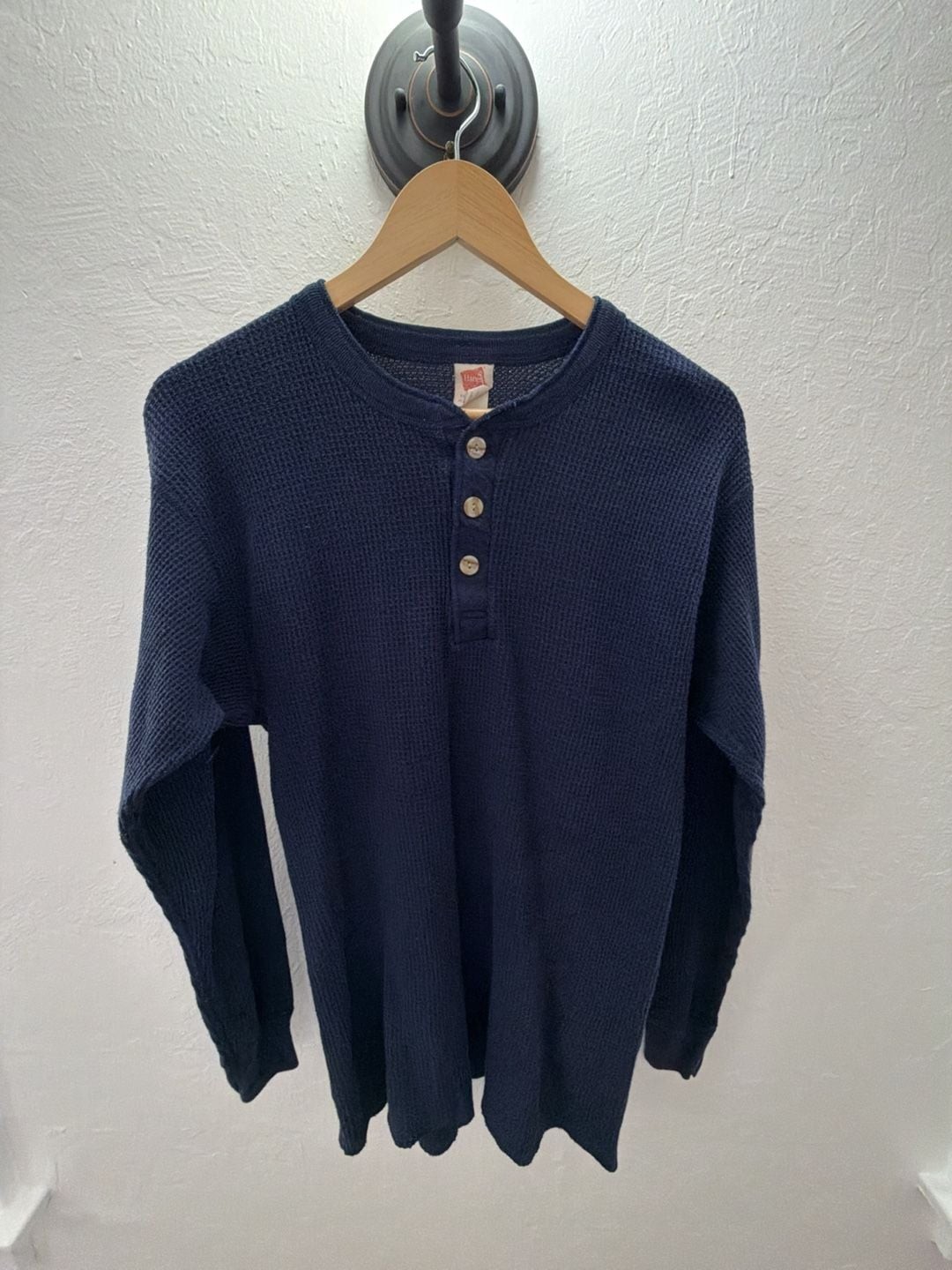 Hanes Men’s Thermal Long-Sleeve Waffle Knit Henley Shirt Navy