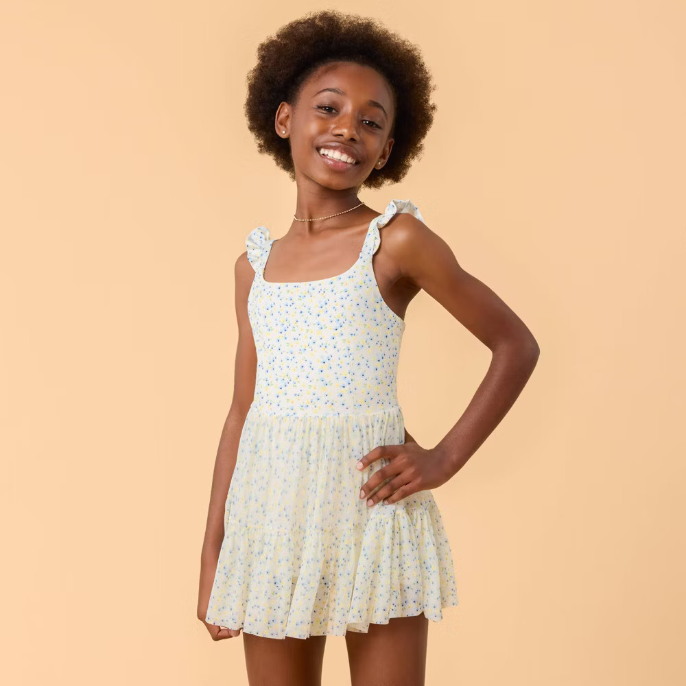 Blogilates Girls’ Mommy & Me Ballerina Ruffle Dress – White Floral Print
