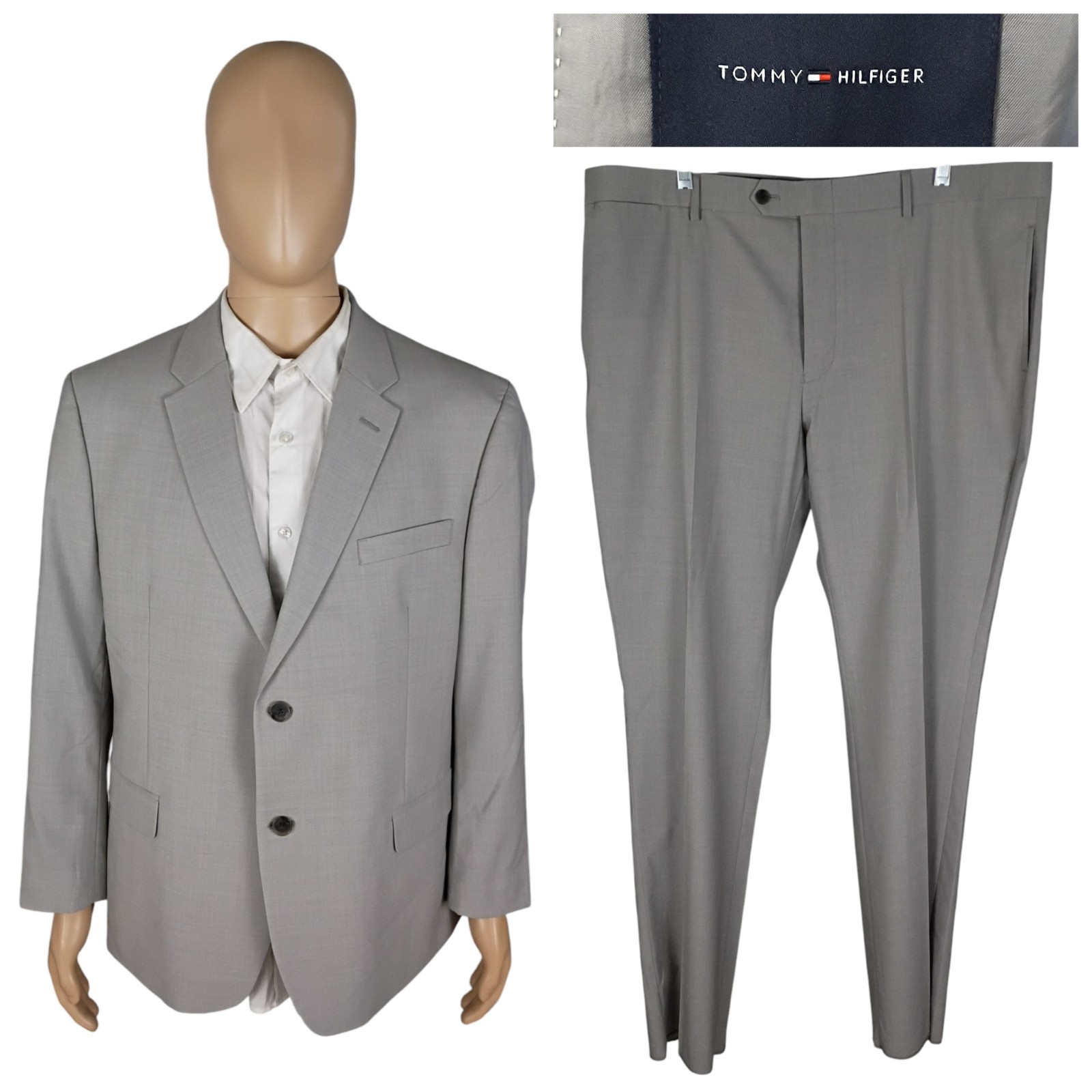 NEW Tommy Hilfiger Two Piece Light Gray Worsted Wool Suit 46XS Short Unhemmed