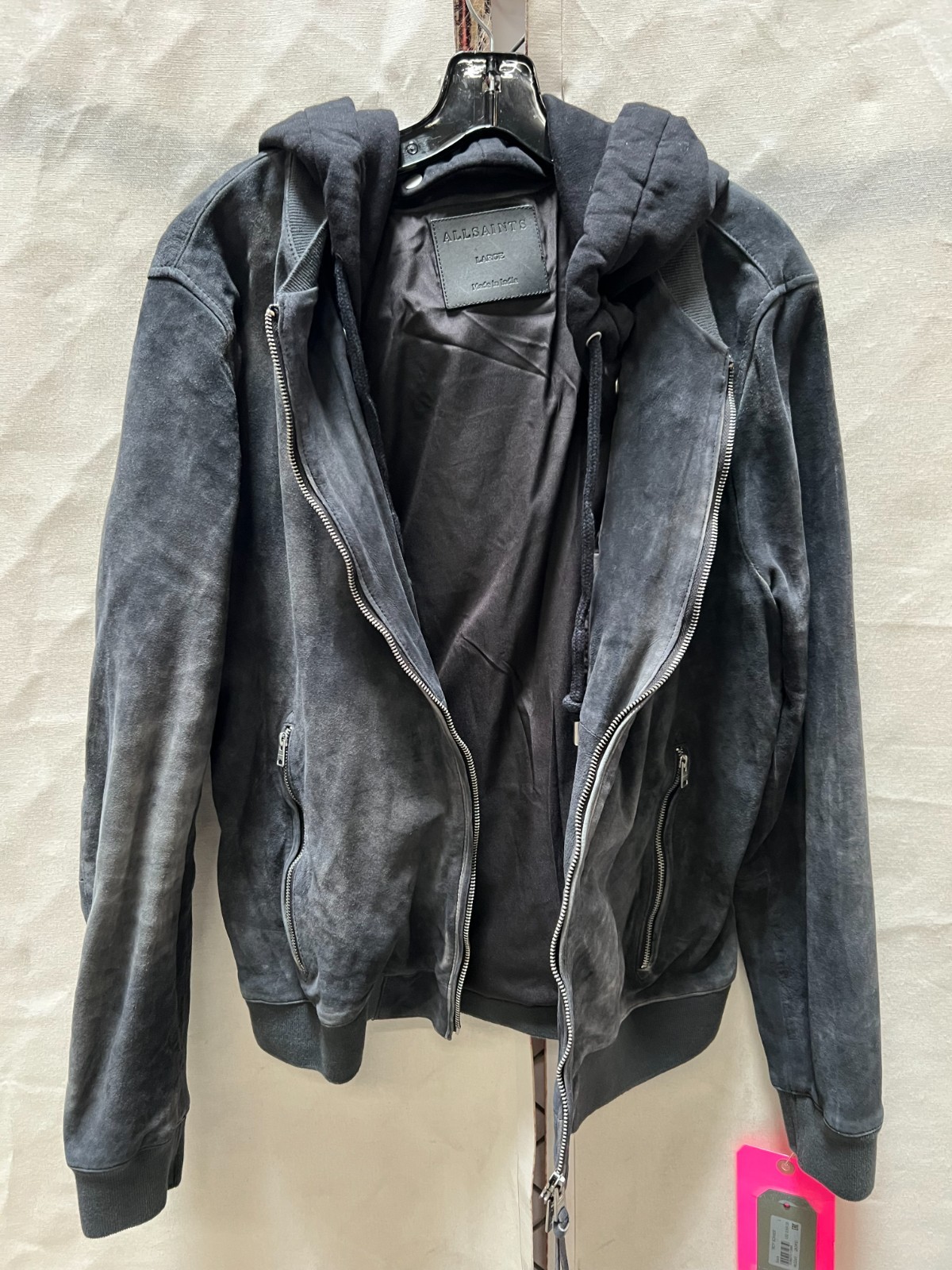ALLSAINTS Suede Troy Bomber With Detachable Hood, Size Large, NWT $569.00