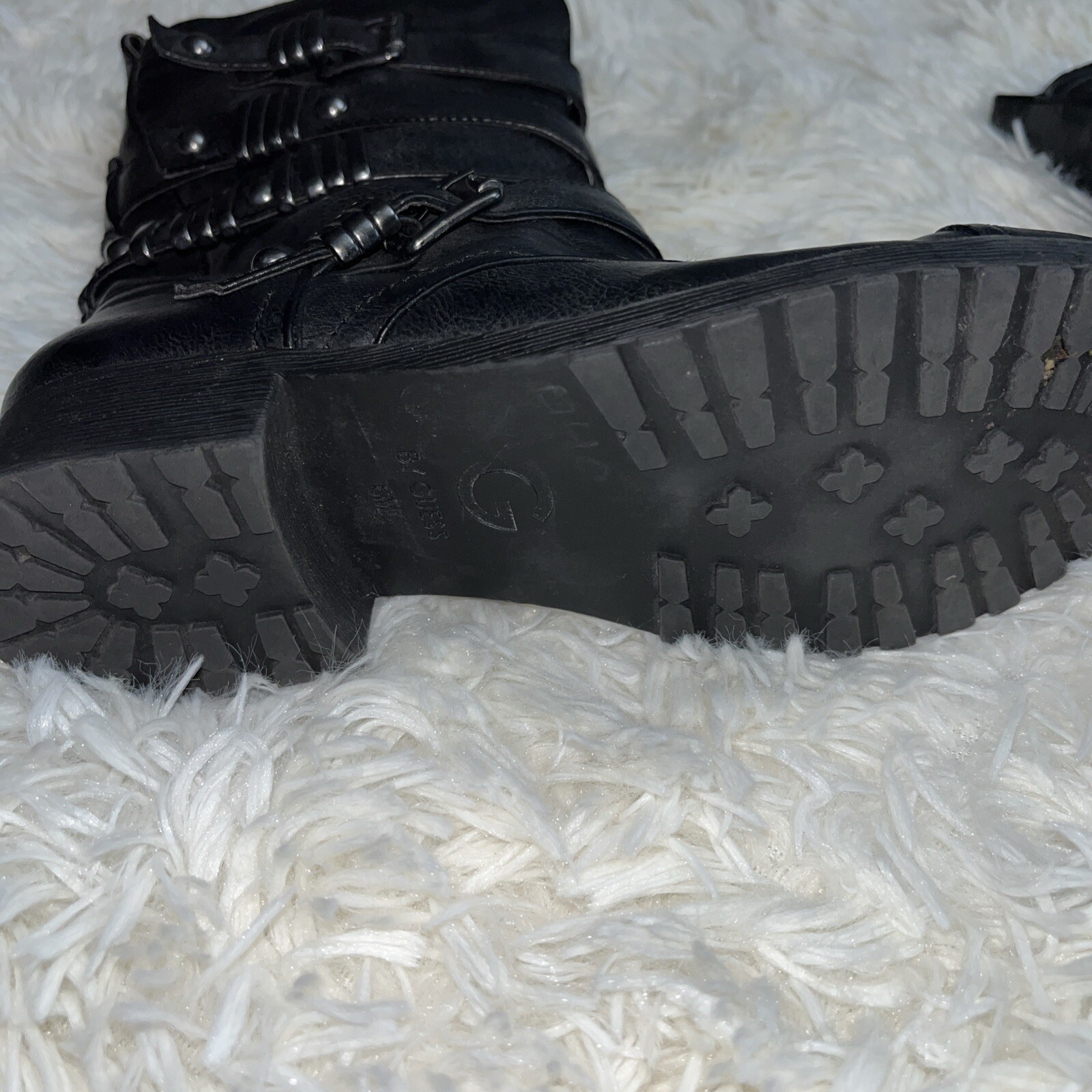 G By Guess Moto Grunge Combat Full-Zip Boot Buckles Black Metal Embellished Sz6m