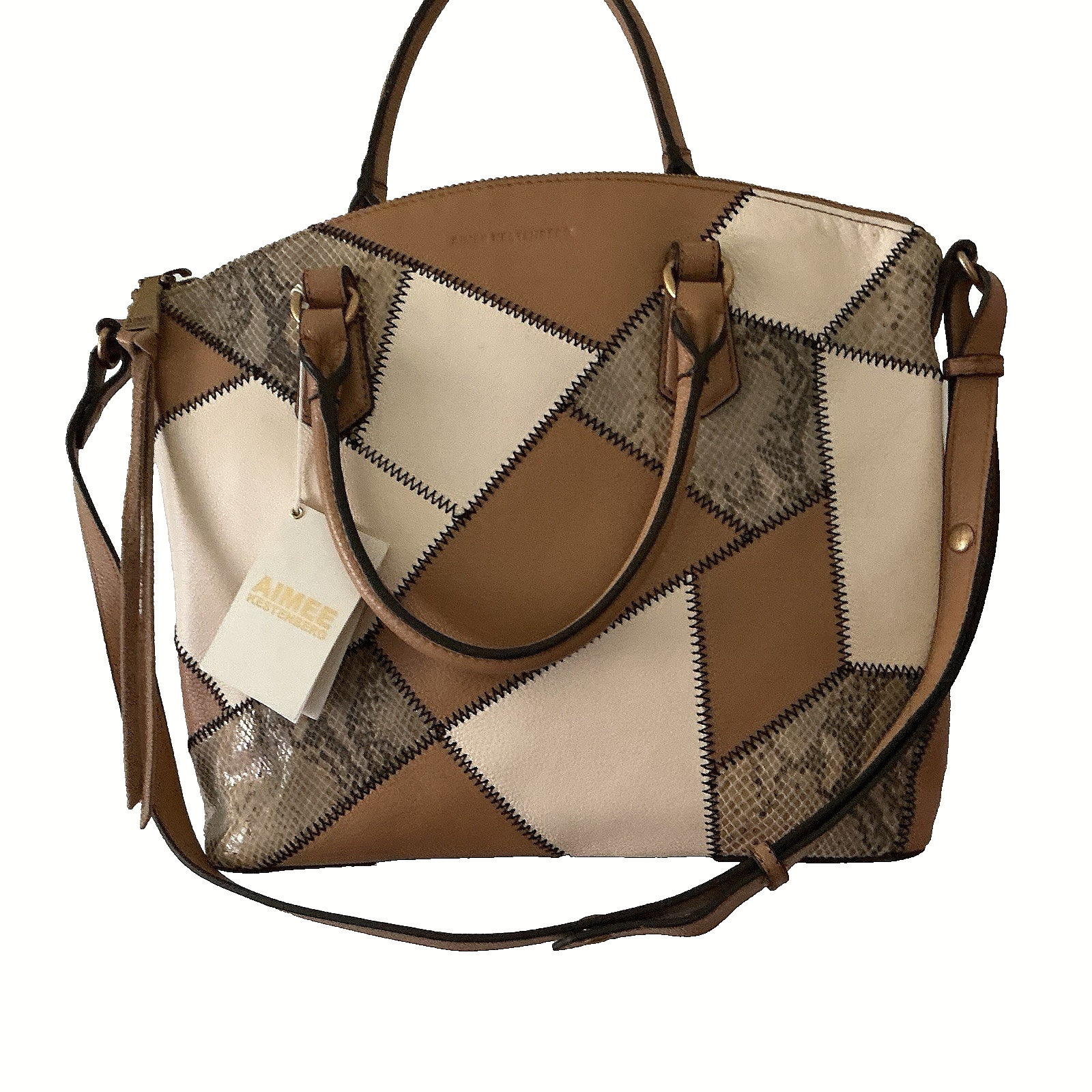 NWT Aimee Kestenberg Cream Tan Snake-Print Stitching Convertible Satchel MNF$248