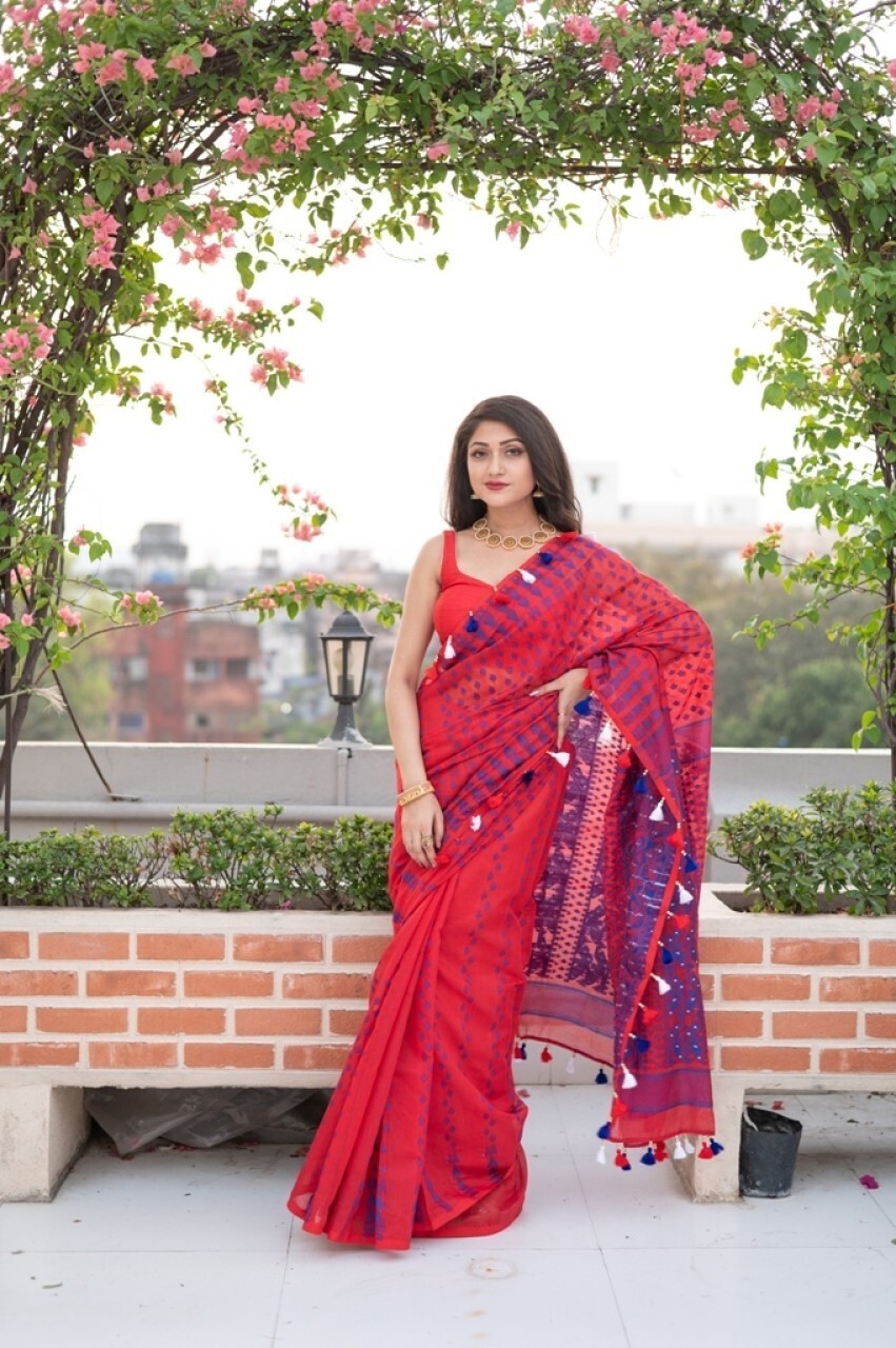 Printed Jamdani Pure Cotton, Cotton Blend Saree (Red)