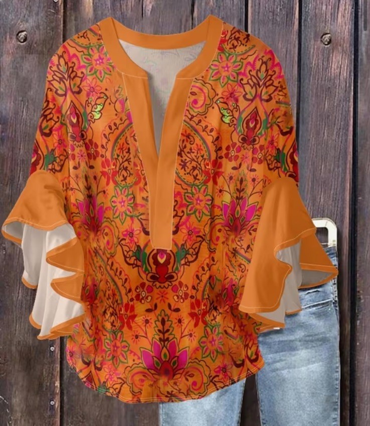 2XL Orange Floral Bohemian Tunic Blouse with Ruffle 3/4 Sleeves for Women