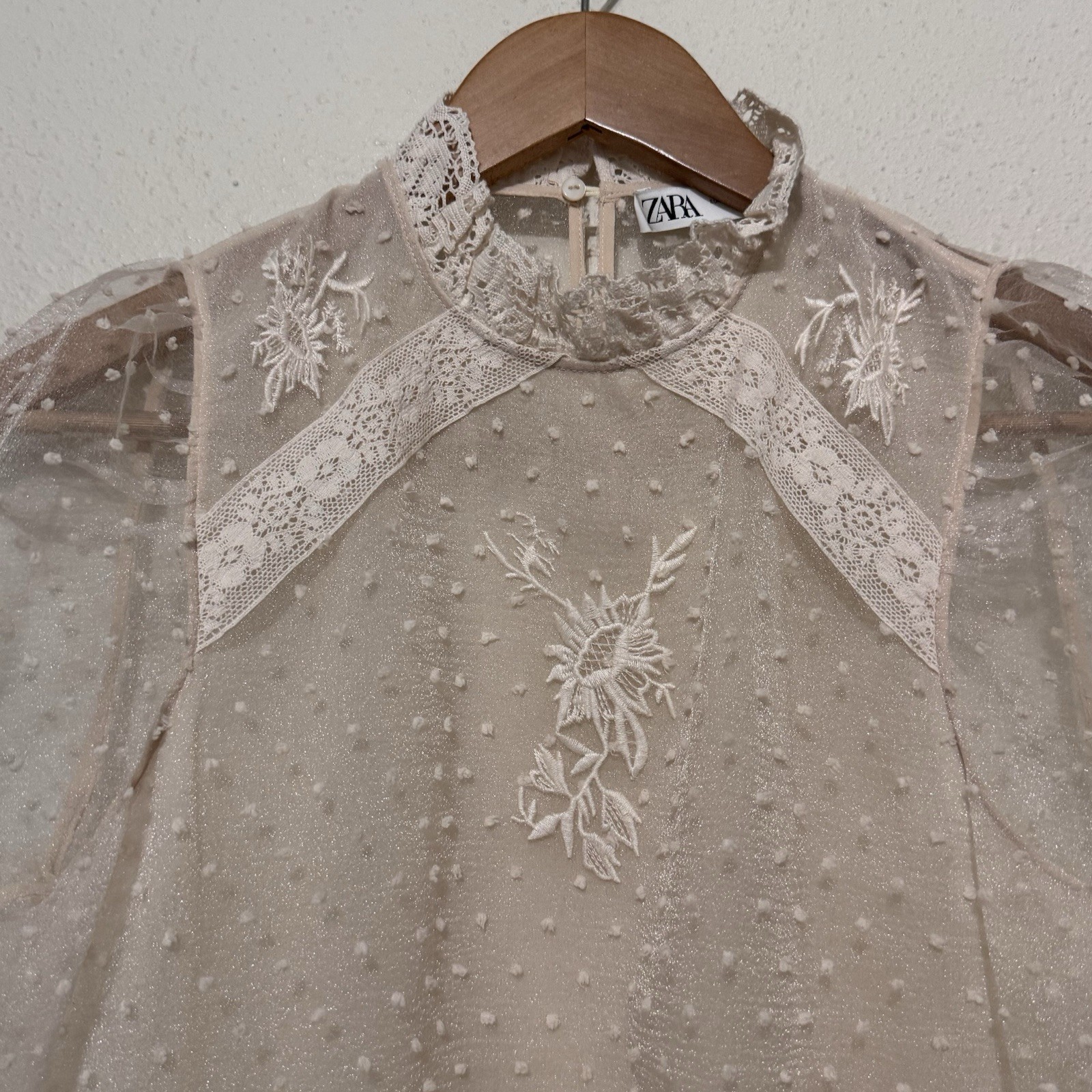 Zara Victorian Puff Sleeve semi sheer blouse embroidered size XS swiss dot
