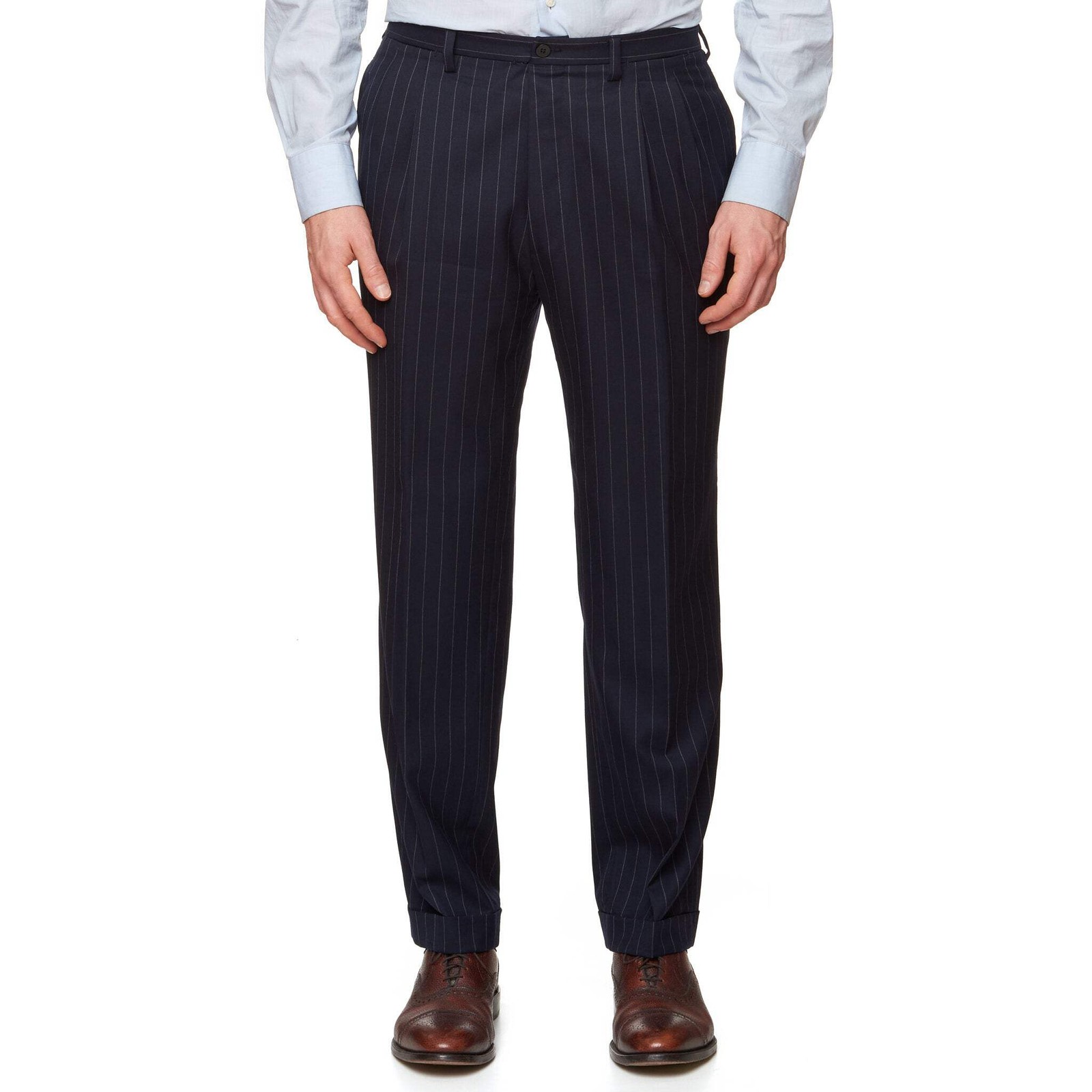 CESARE ATTOLINI Handmade Navy Blue Striped Super 180’s Wool Suit EU 48 US 38