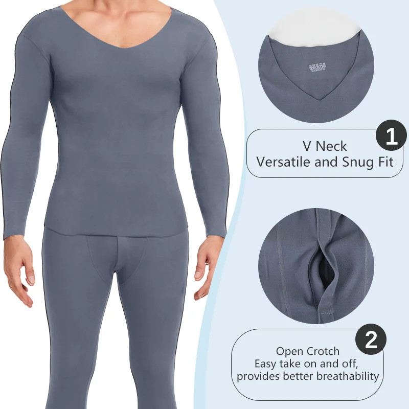 Mens V-neck Thermal Underwear Set Long Johns Autumn Winter Shirt and Pants Set