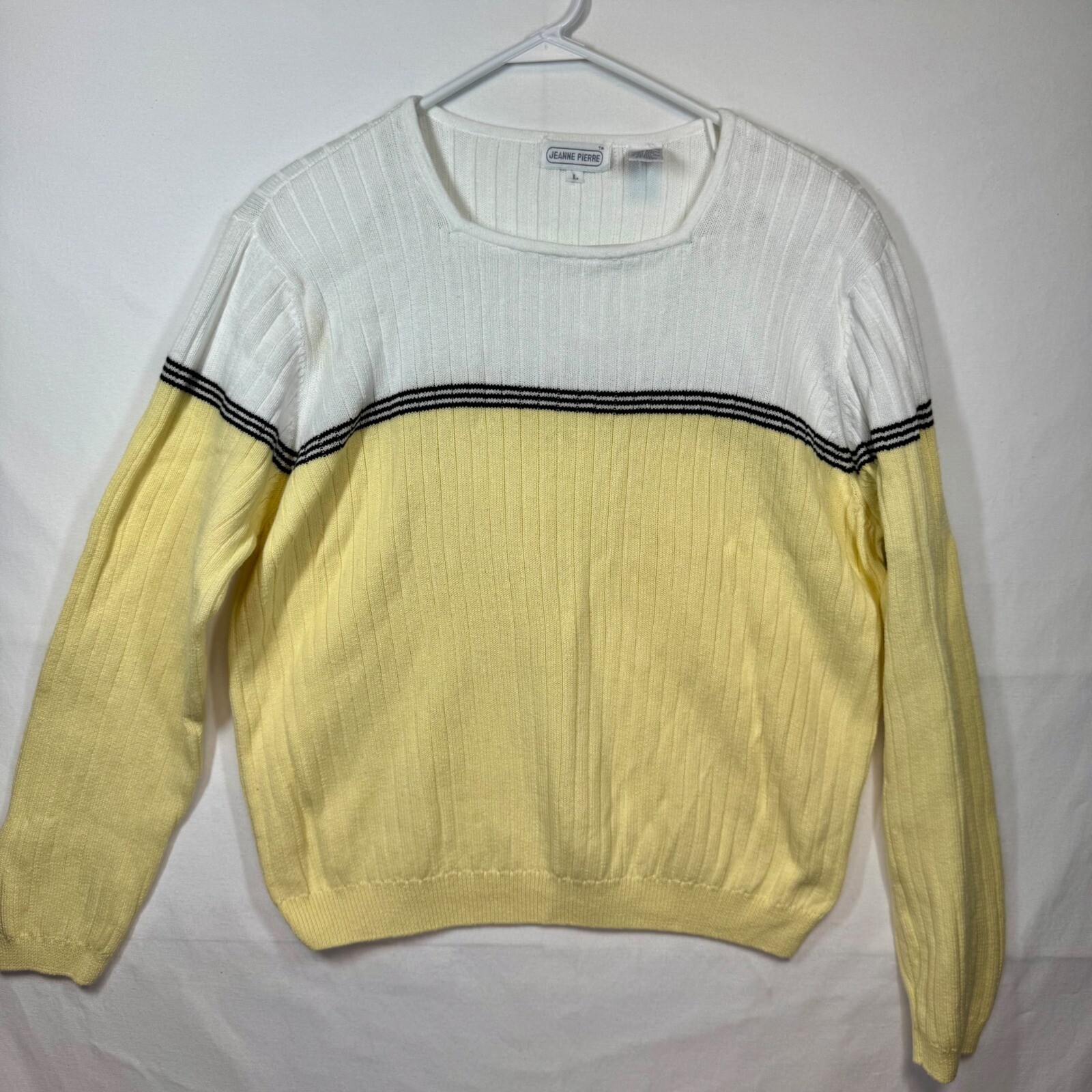 Jeanne Pierre Cotton Knit Sweater Striped Color Block Top White Yellow Sz Large