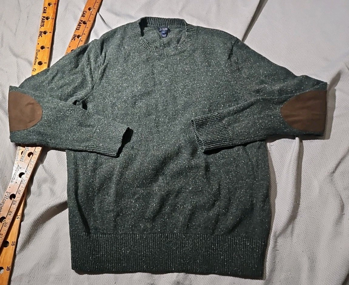 J Crew Sweater Men’s Large Green Ragg LambsWool Fleck Elbow Pad Preppy Grandpa