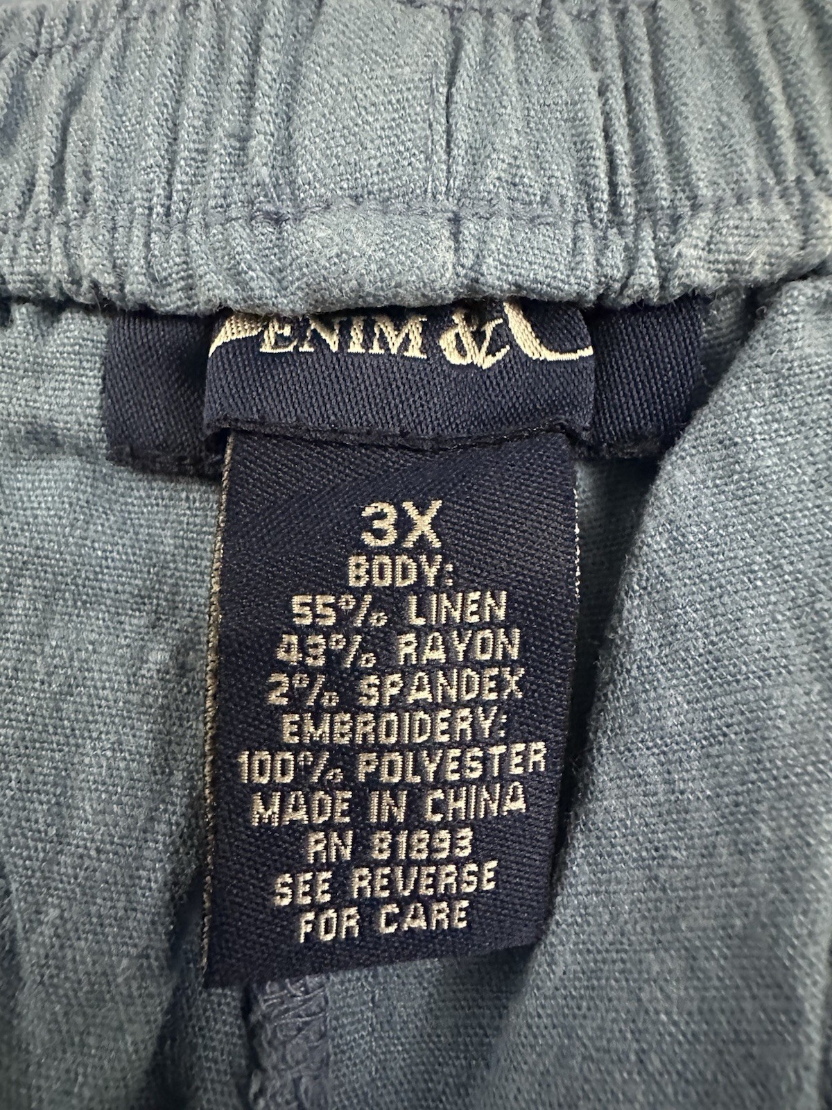 Denim Co Linen Pull On Cropped Pants Floral Embroidery Blue Plus Size 3X
