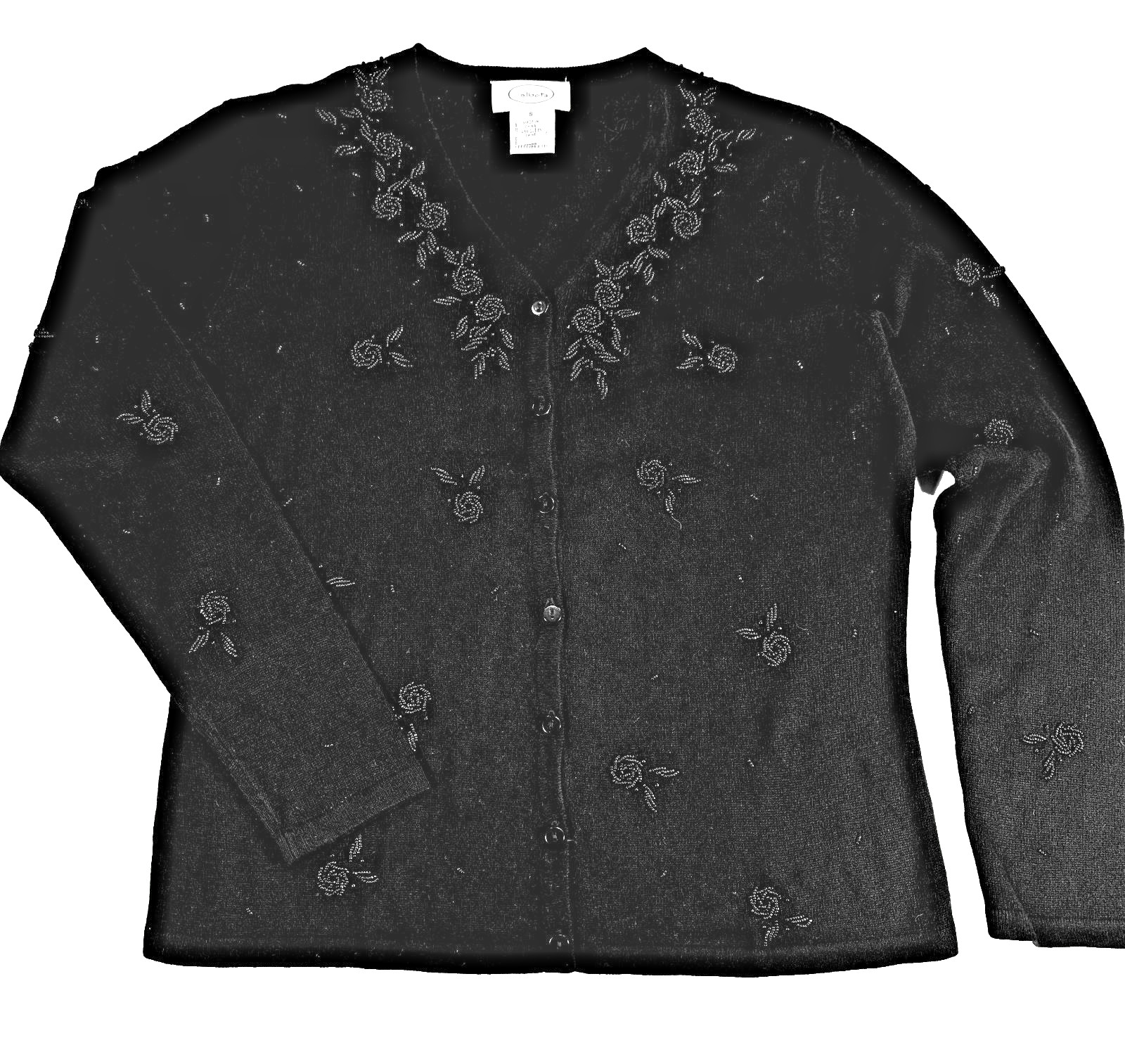 TALBOTS Sz S Black Floral Beaded Soft SILK CASHMERE Button Cardigan Sweater NWOT