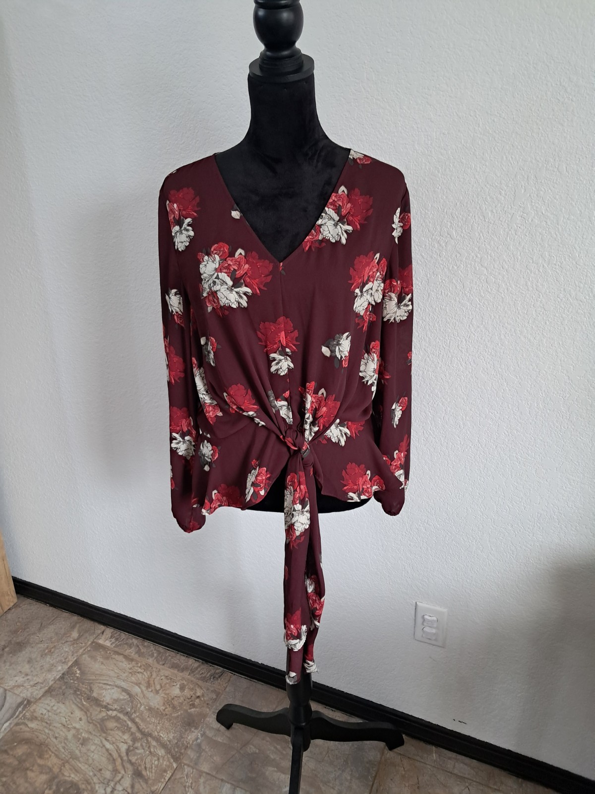 Maurices Sheer Blouse Maroon Floral Print Long Sleeve V-Neck Tie Accent Romantic