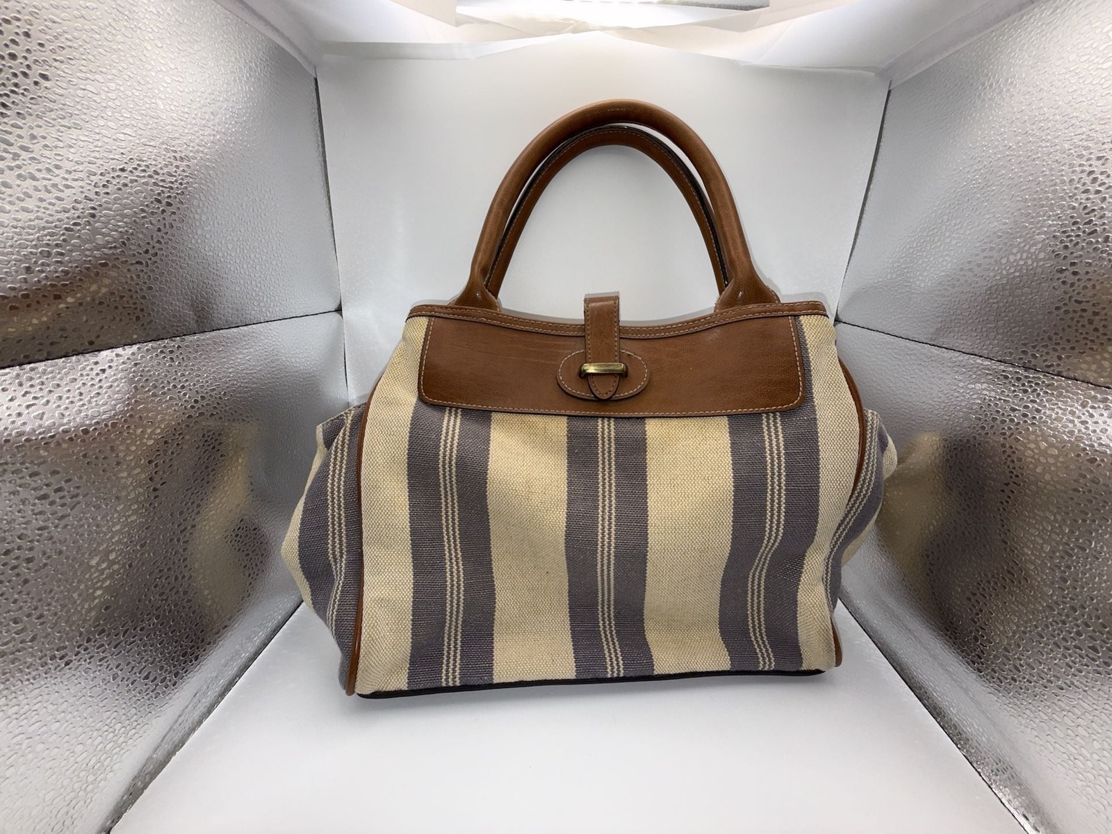 Signature Studios Striped Canvas and Brown Leather Satchel Handbag