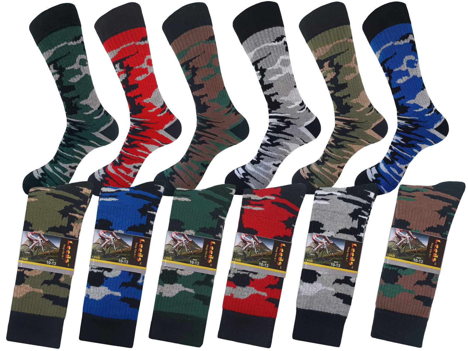 6-1 Pair COTTON CAMOUFLAGE CREW ARMY SOCKS SIZE 10-13 TRUE TO SIZE HIKING SOCKS