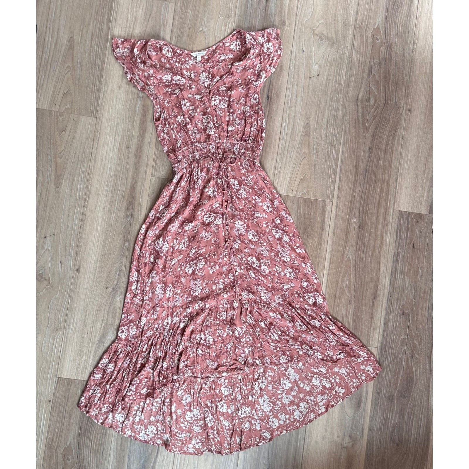 Lucky Brand High Low Midi Dress Smocked Waist Boho Cottagecore Romantic Casual