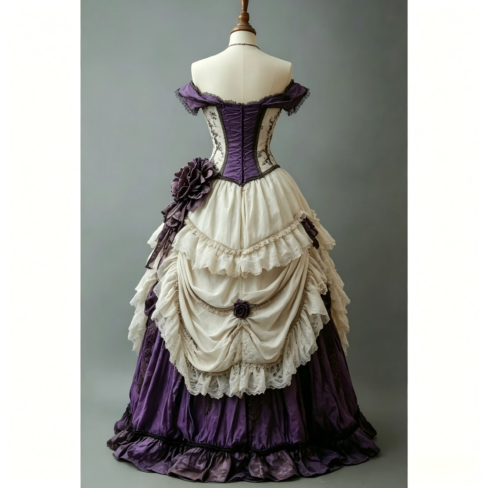 Purple Ivory Victorian Off Shoulder Lace Ball Gown Steampunk Cosplay Dresses