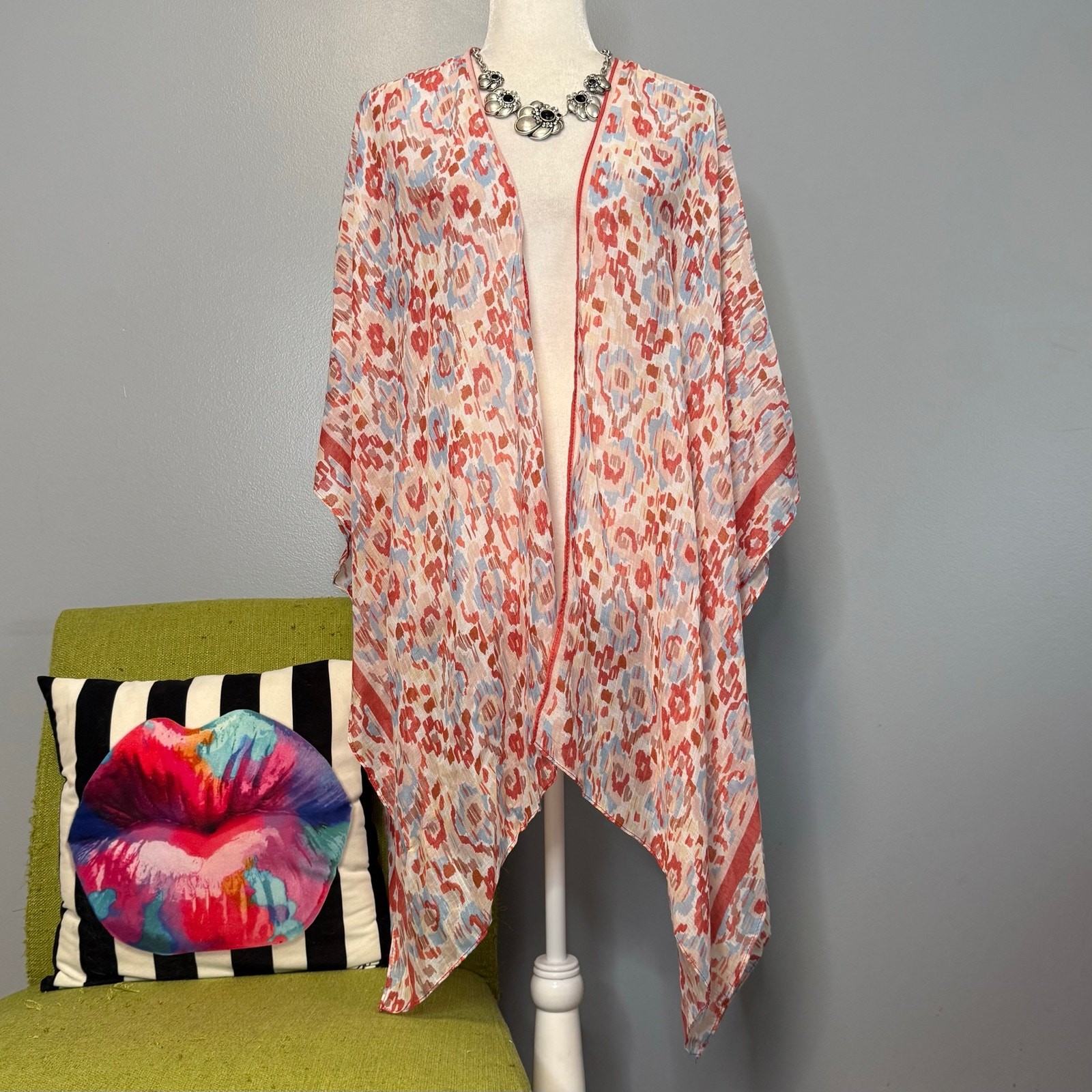 Sonoma Coral Blue Tan Lightweight Open Front Kimono NEW