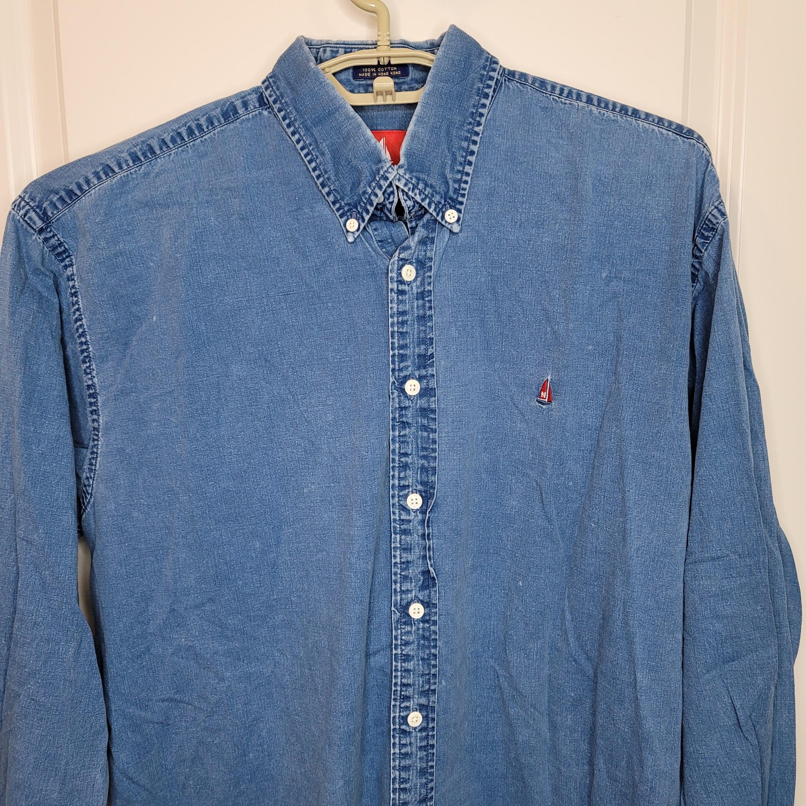 Vintage Norsport Shirt Mens Large Blue Chambray Button Down Sailboat Nautical