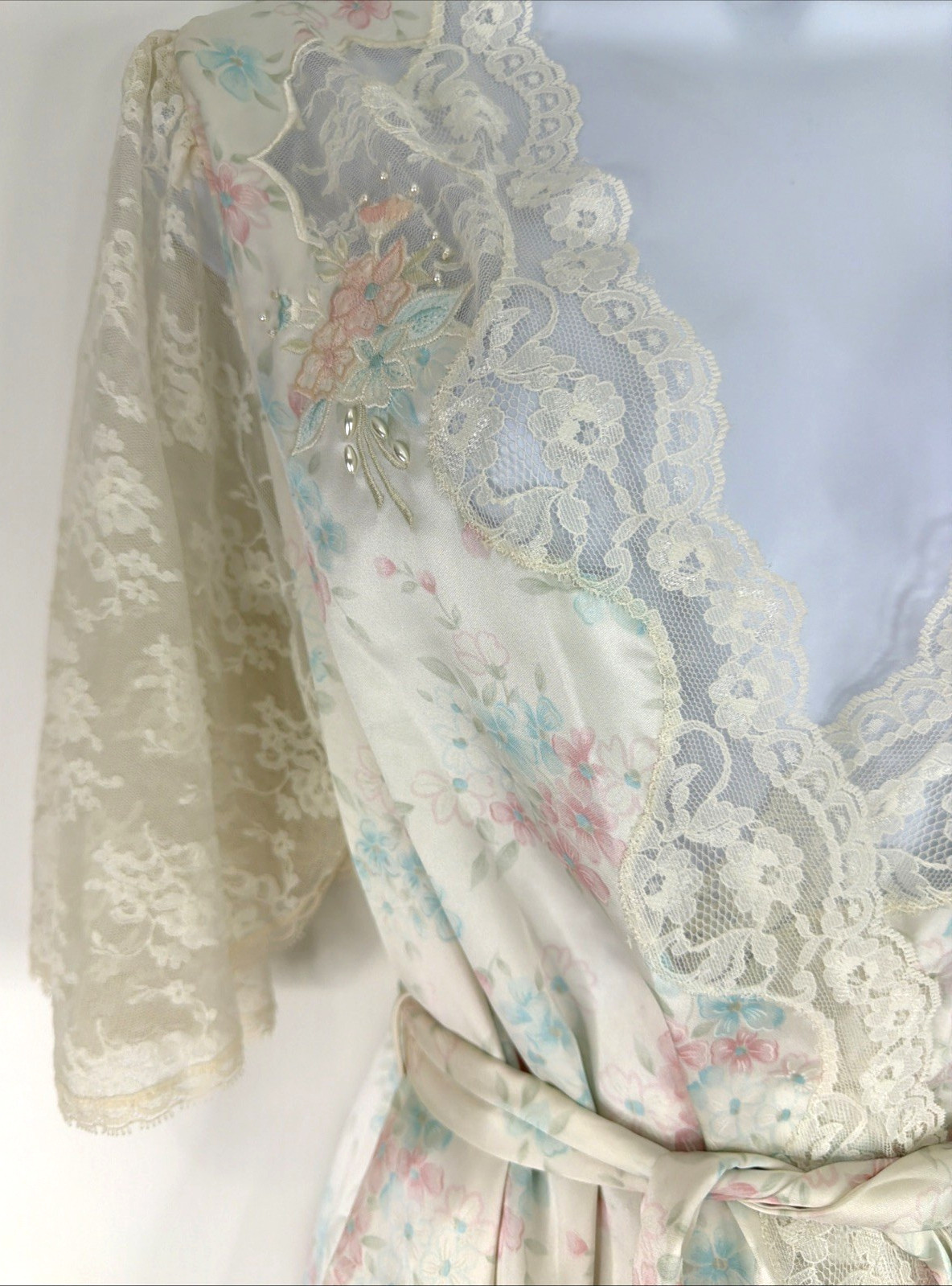 VTG Sara Beth Satin Poly Nightgown Robe Set Pink/Blue Floral Lace Bridal Small