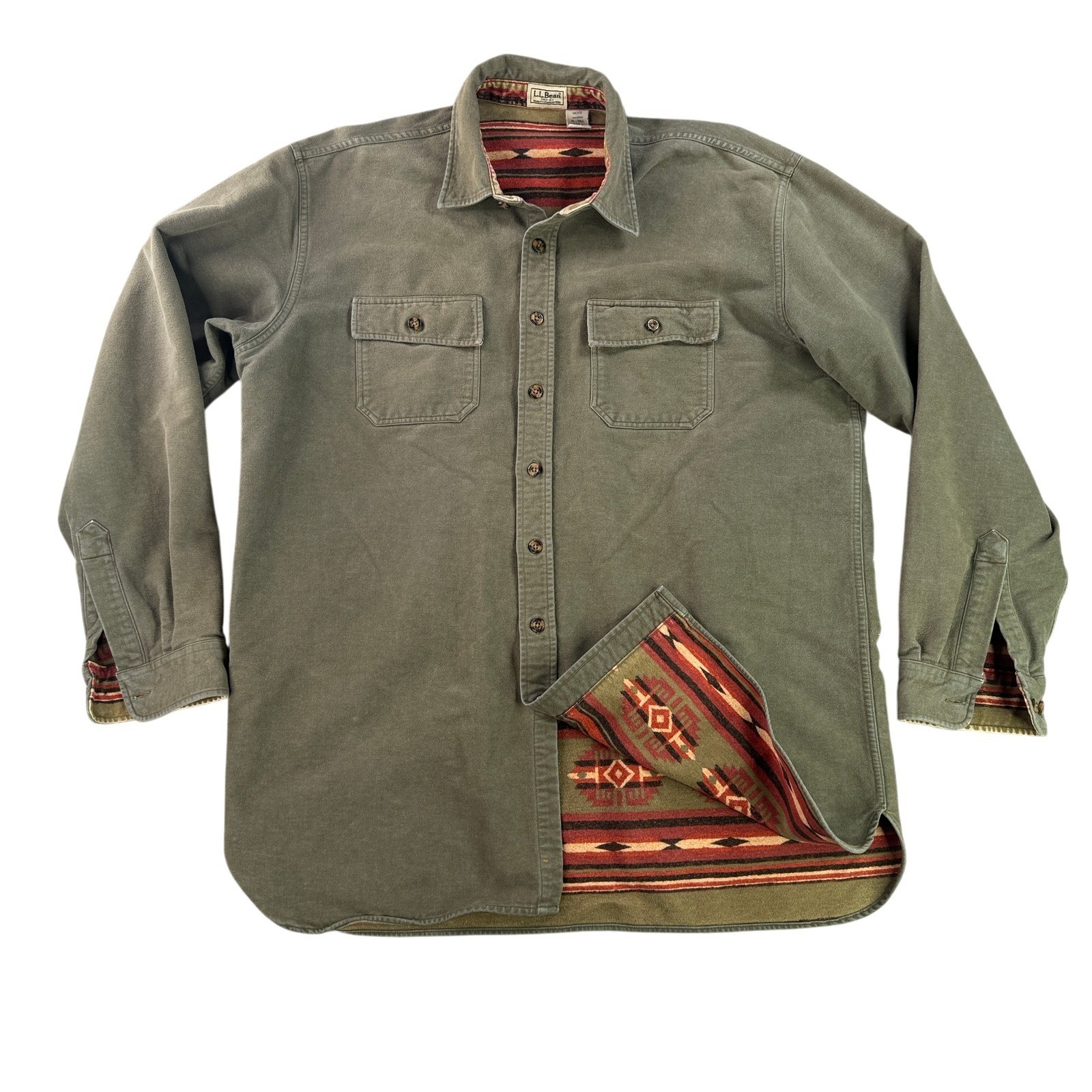 L.L. Bean Shirt Jacket Men XL Tall Green Aztec Southwest Lined Chamois 0YT61
