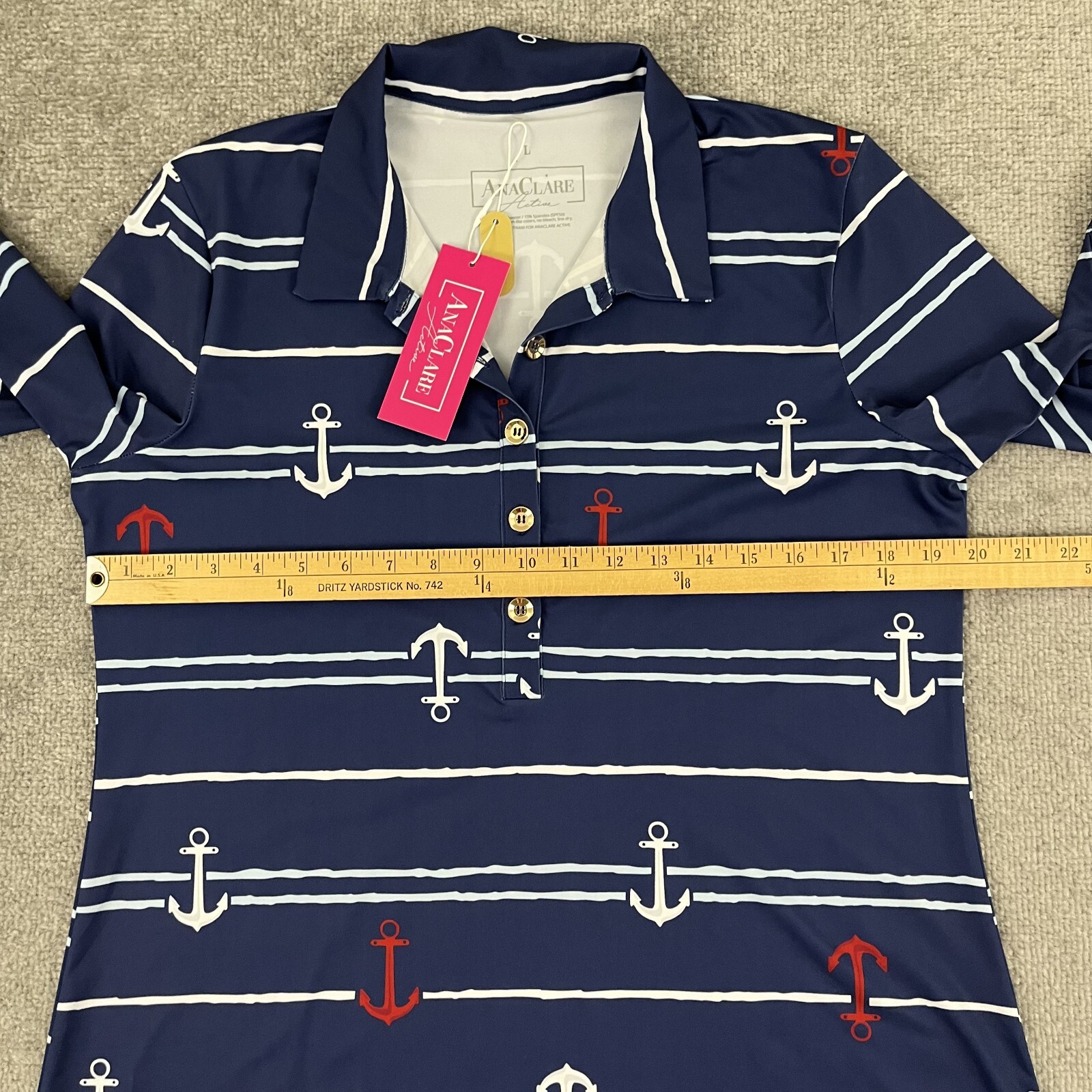 Ana Clare Marin Dress Womens Large Anchored Nautical Active Stretch Preppy NEW