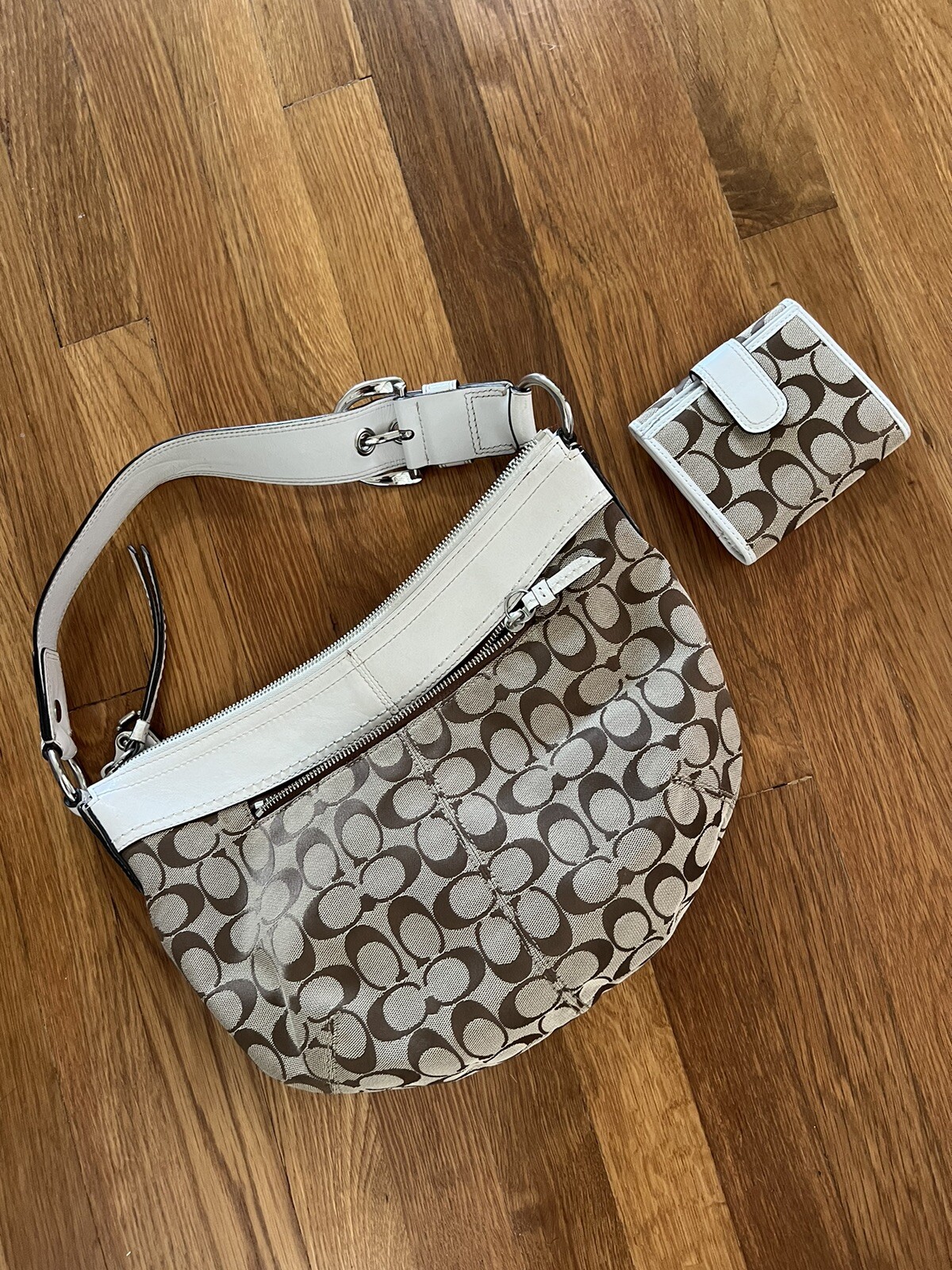 Coach Logo CC Monogram Luxury Handbag Tan White Shoulder Bag Hobo Style w Clutch