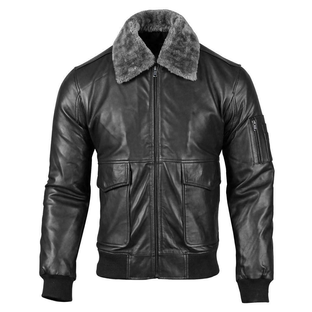 Men’s Genuine Lambskin Pure Leather Black Bomber Biker Jacket Faux Fur Collar