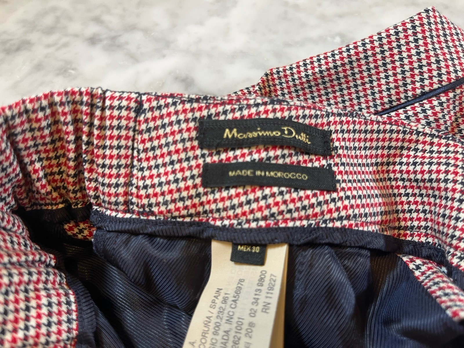 Massimo Dutti Red White Black (or Dark Navy) Houndstooth Cotton Blend Pants, 6