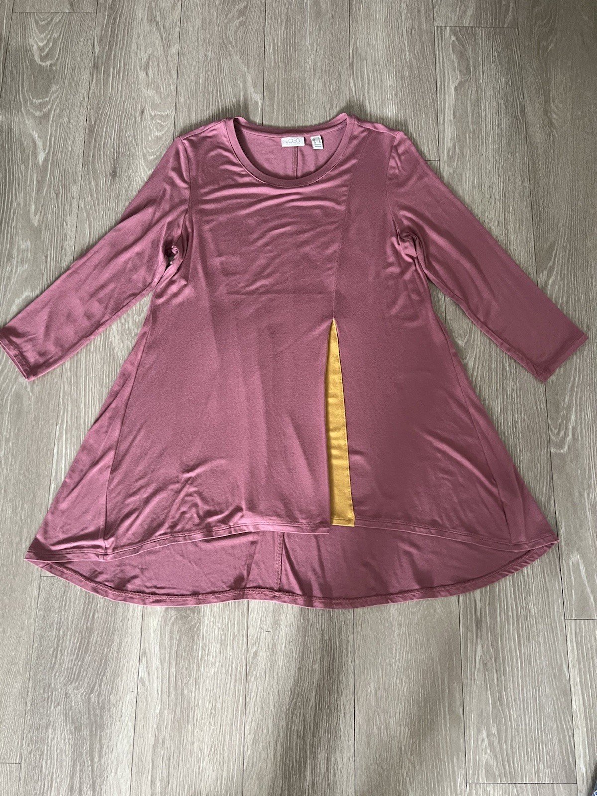 LOGO Lori Goldstein Women Stretchy Knit Layered Drapey Tunic Pink Mustard Size S