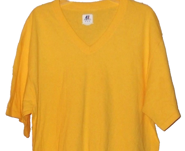 NEW $30 RUSSELL ATHELTIC MEDIUM YELLOW RIB TRIM TEE SHIRT V TOP