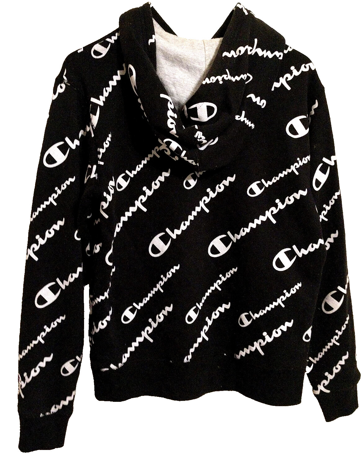 Champion Black/White All Over Print LOGO Hoodie SZ L Unisex Wrist and Waist Hugs