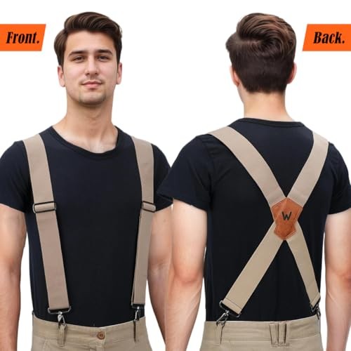 Heavy-Duty Beige Work Suspenders, 2 Inch Wide Suspenders for Men, Big Belt