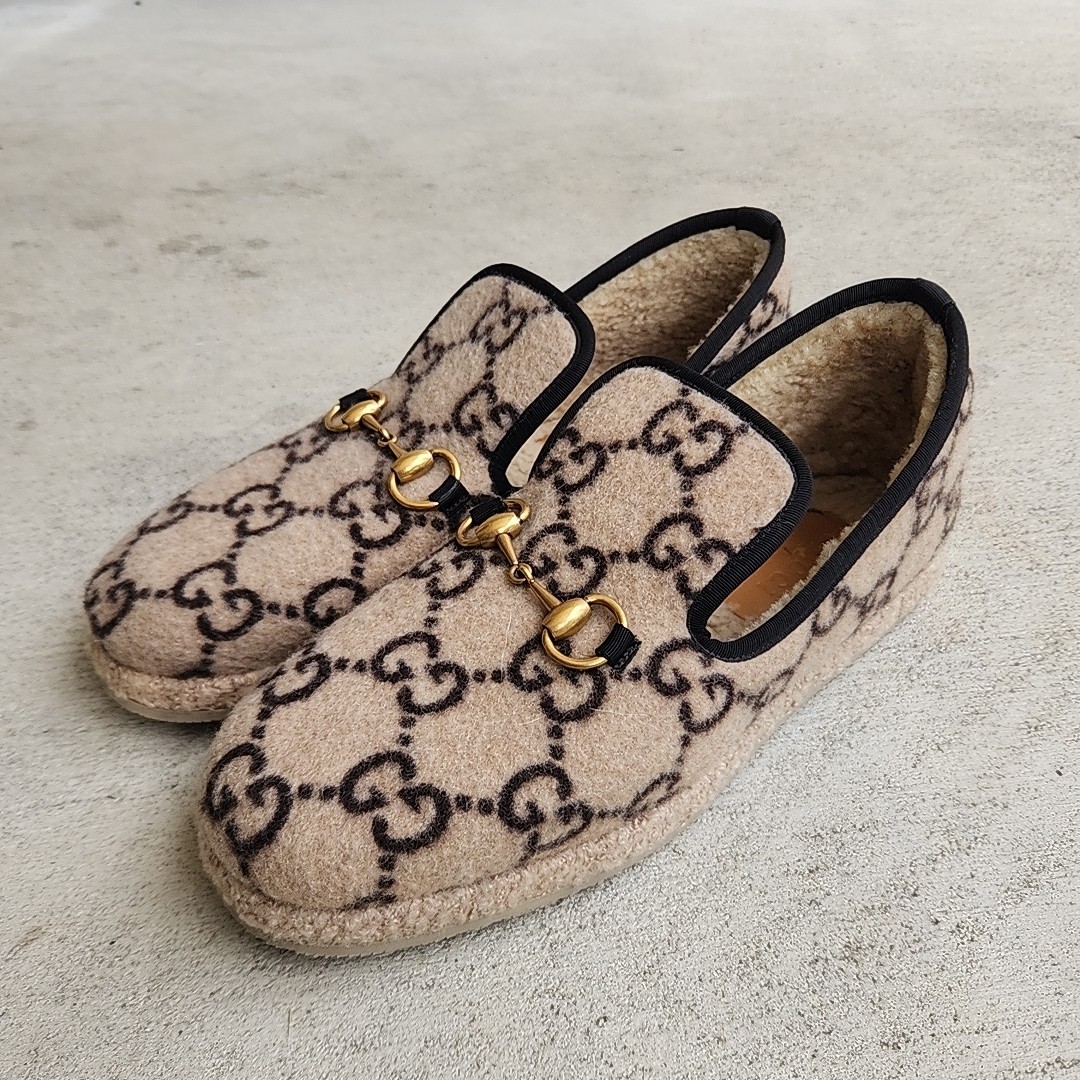 Gucci Covered Wool GG Monogram Mens Fria Horsebit Loafers 7 Beige Ebony Tan US 8