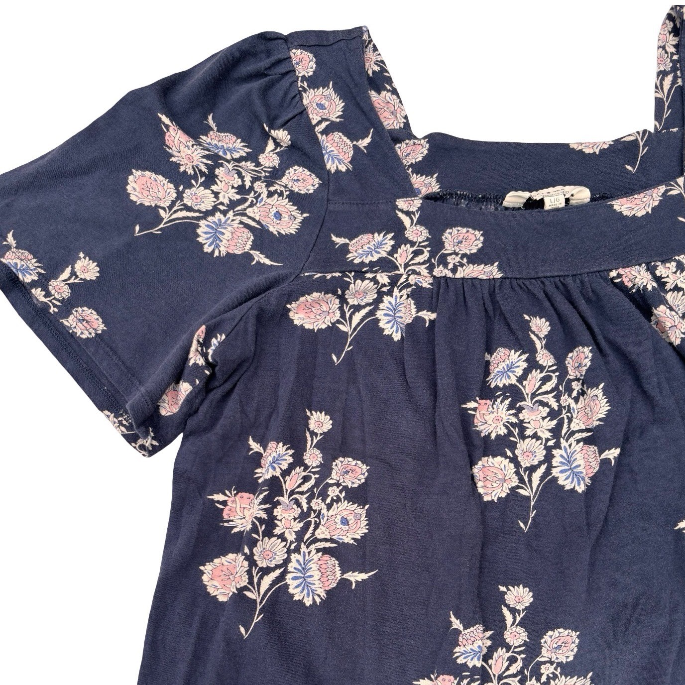 Lucky Brand Floral Blouse Womens Large Navy Blue Square Neck Boho Top