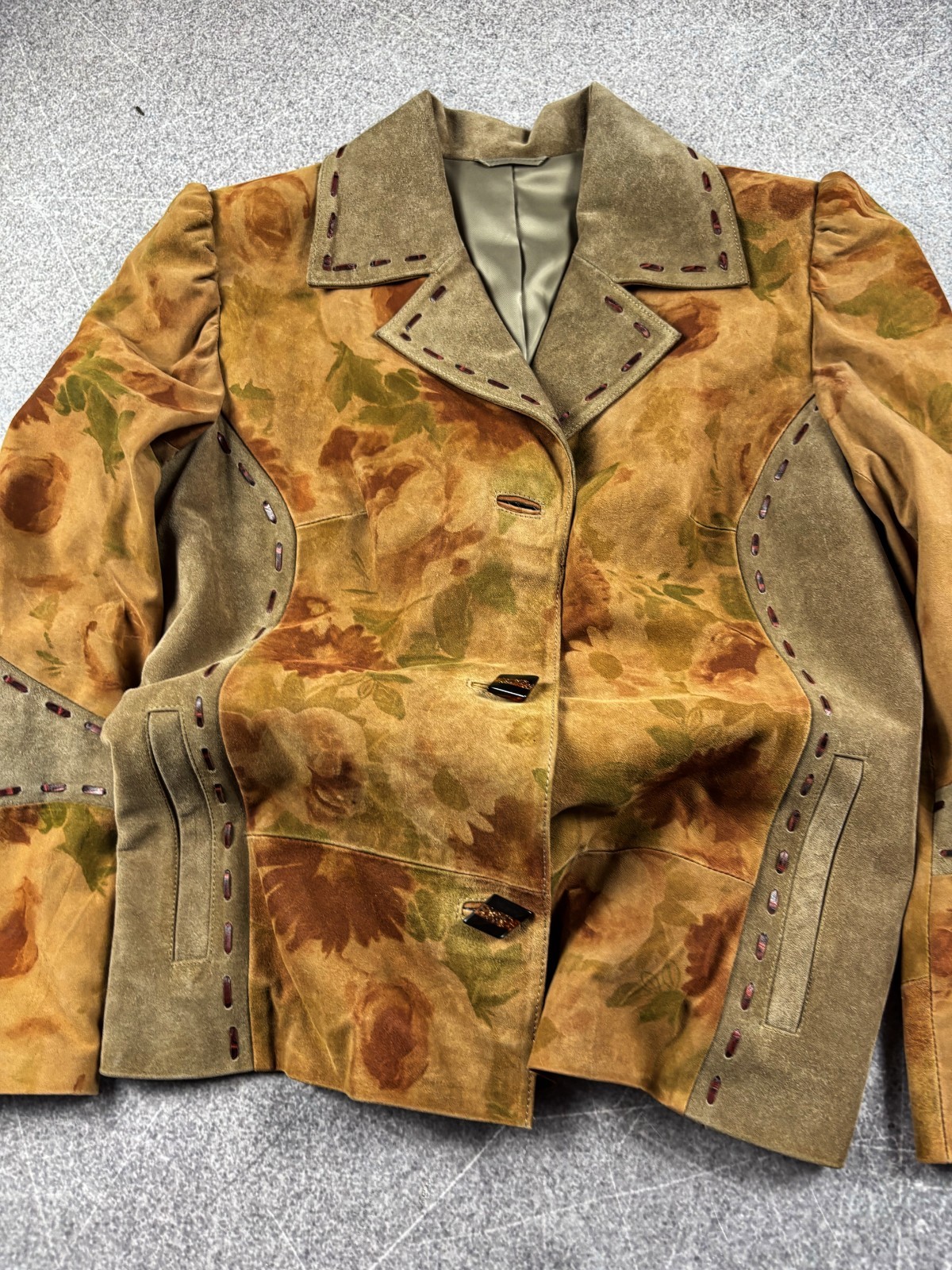Vintage Genuine Suede Floral Jacket Boho Cottagecore Western Art Nouveau Rare