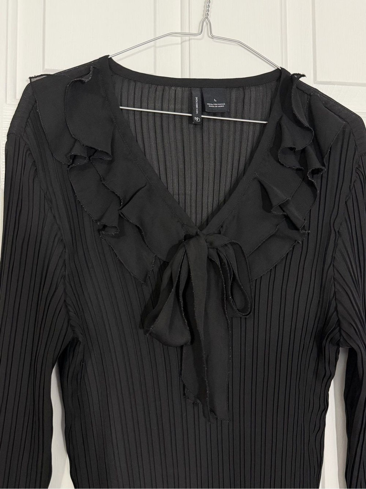 Black Sheer Ruffle Tie-Neck Long Sleeve Blouse Large