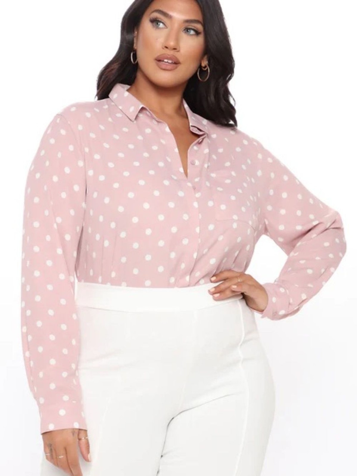 Women’s FashionNova plus Pink Polka Dot Button-Up Shirt size XL