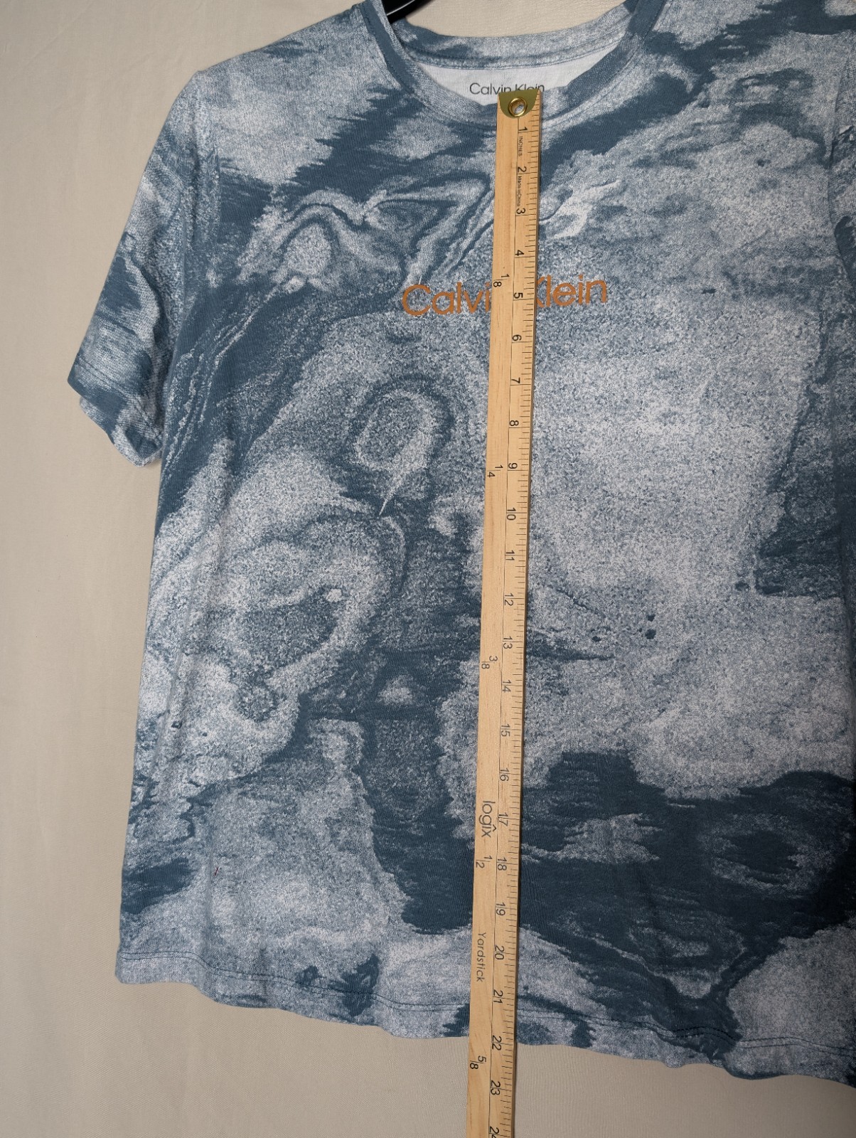 Calvin Klein Blue Marble Boxy Logo T Shirt Short Sleeve Womans