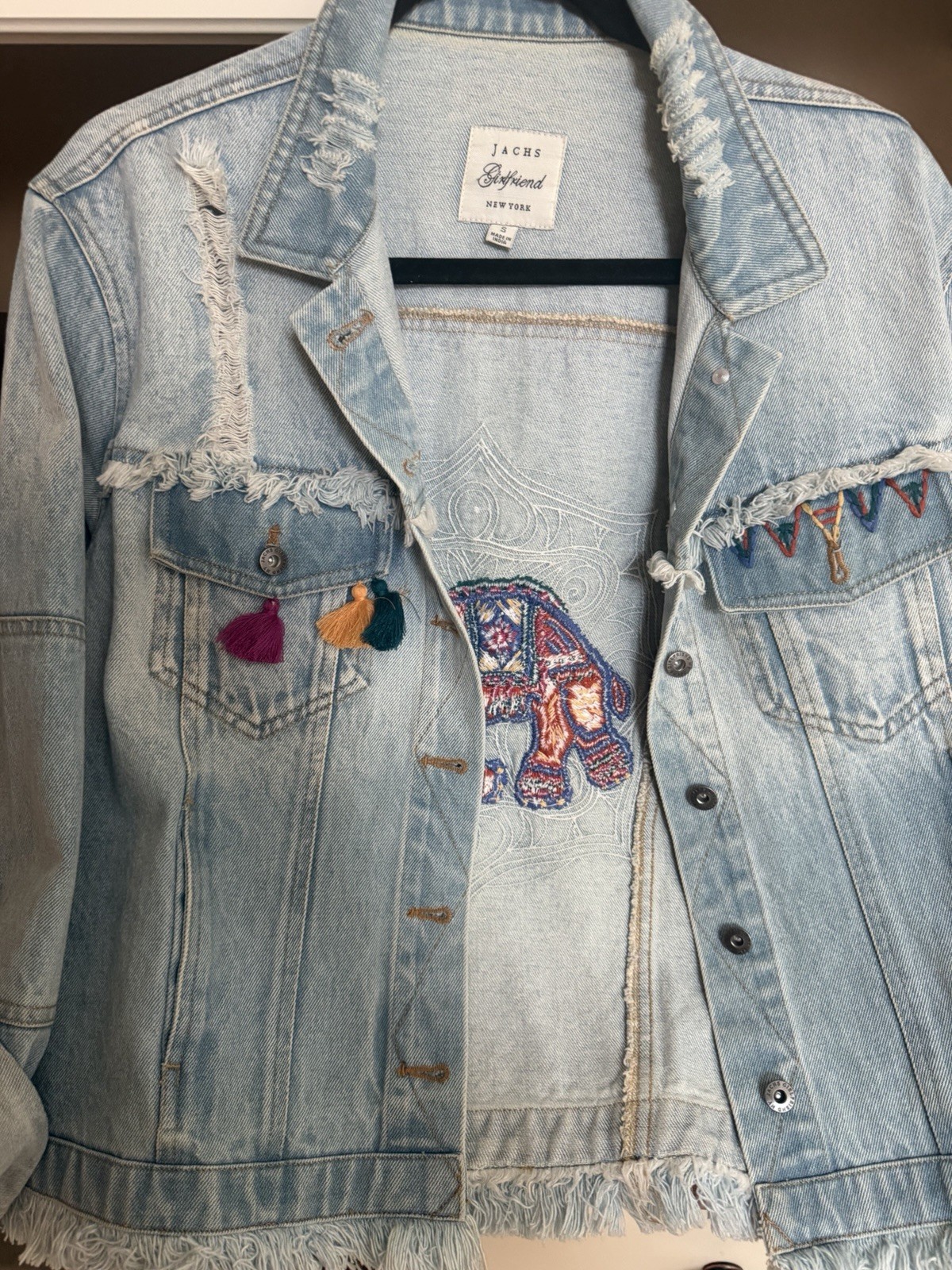 Jachs Girlfriend Women’s Blue Size S Denim Jacket Fringe Embroidered Buttons
