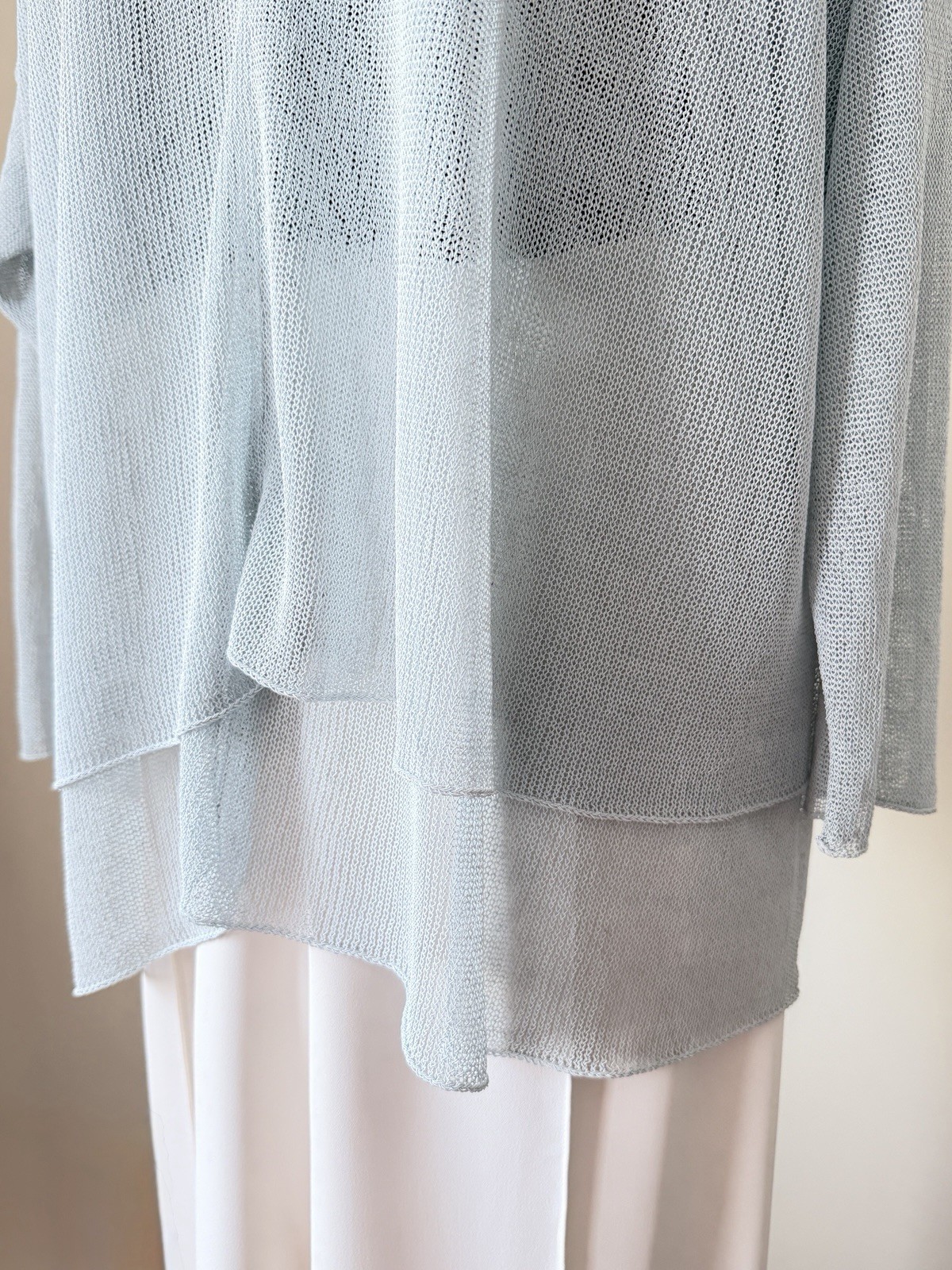 Eskandar Open Knit Sweater Pleated Shoulder Soft Sage Blue Layered Linen Blend