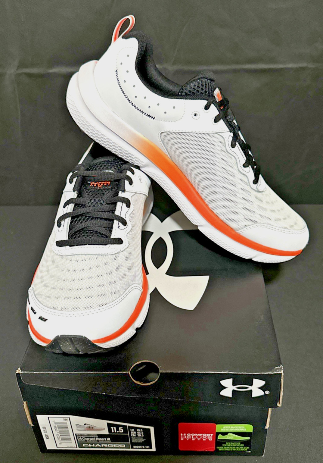 Under Armour Charged Assert 10 White Black Orange 3026175-101 Men’s Size 11.5