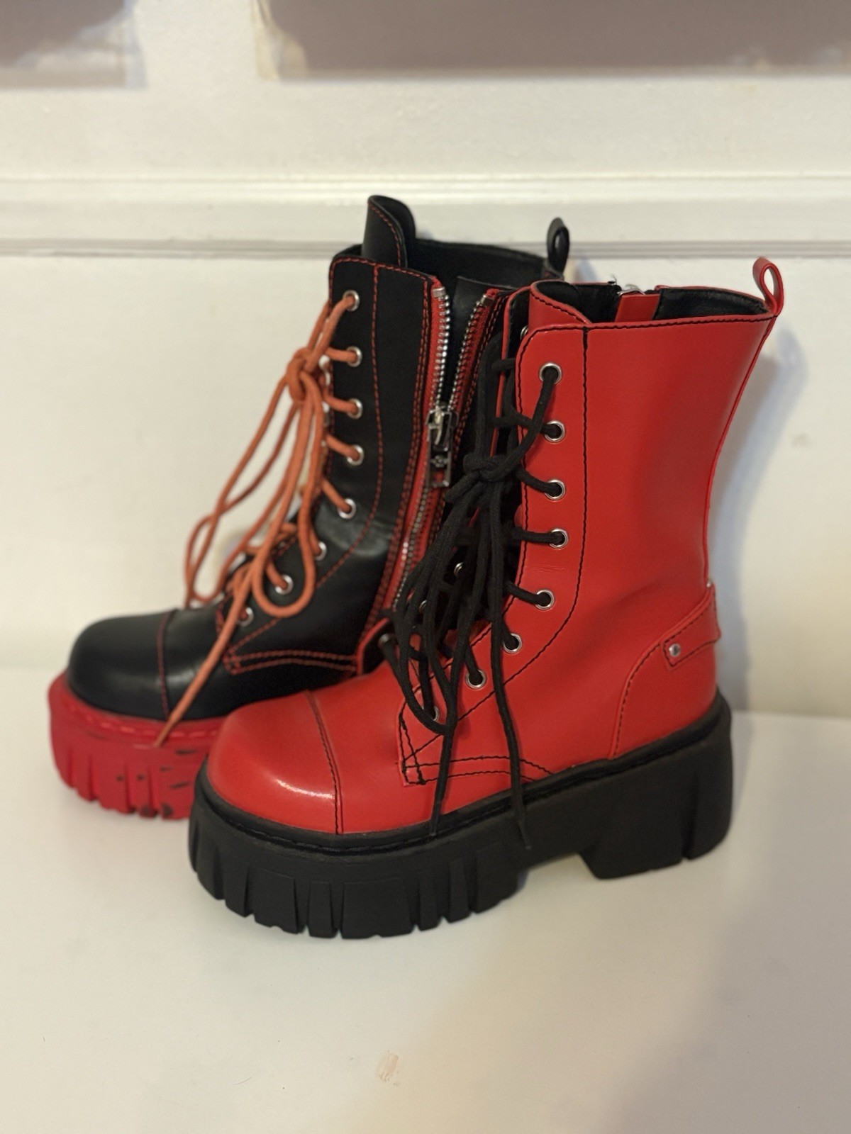 Current Mood Women’s Ankle Boots Red/Black Colorblock Lace-Up Platform Zip