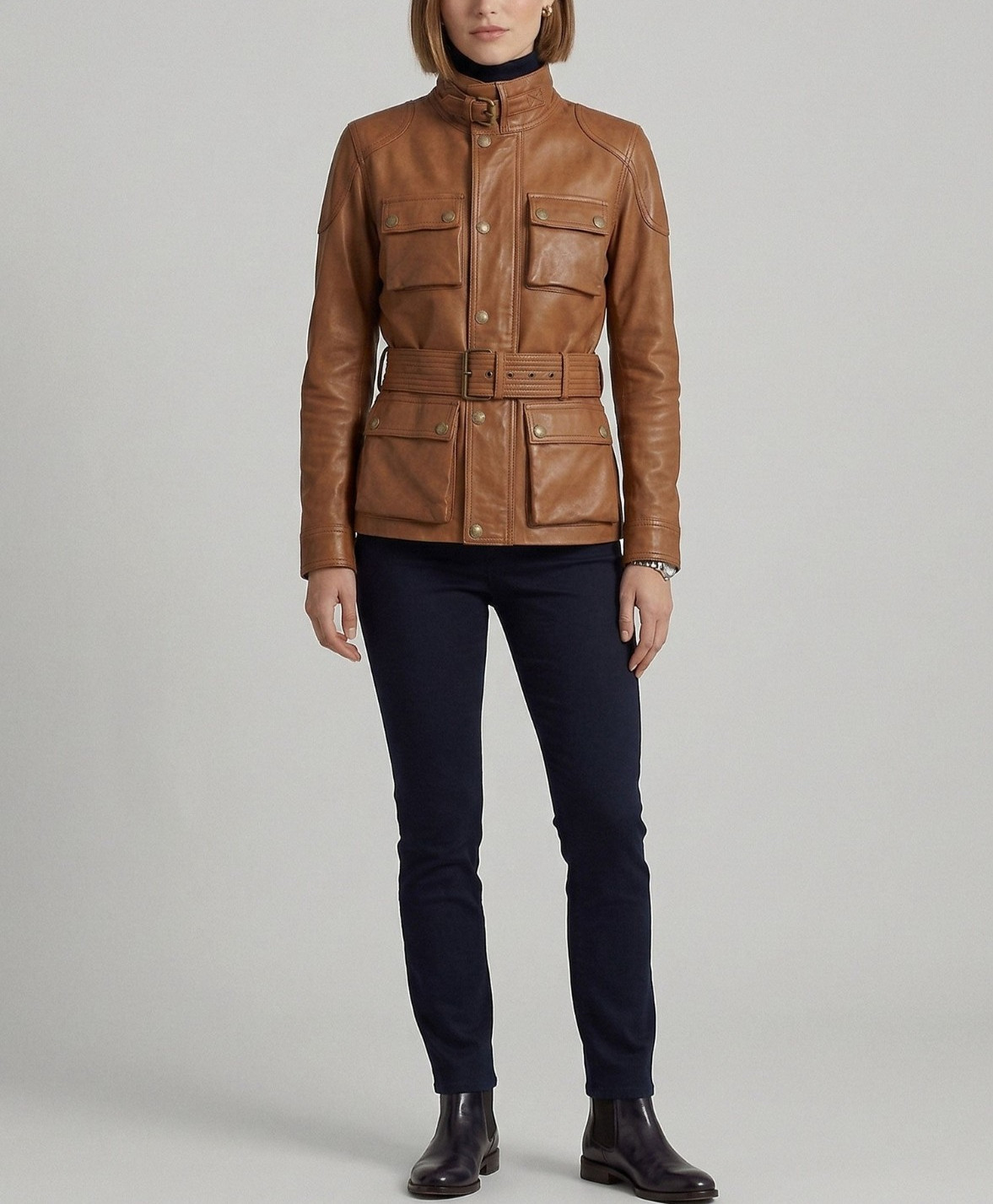NEW Womens Tan Brown Leather Field Jacket Belted Safari Waxed Biker Cargo Coat