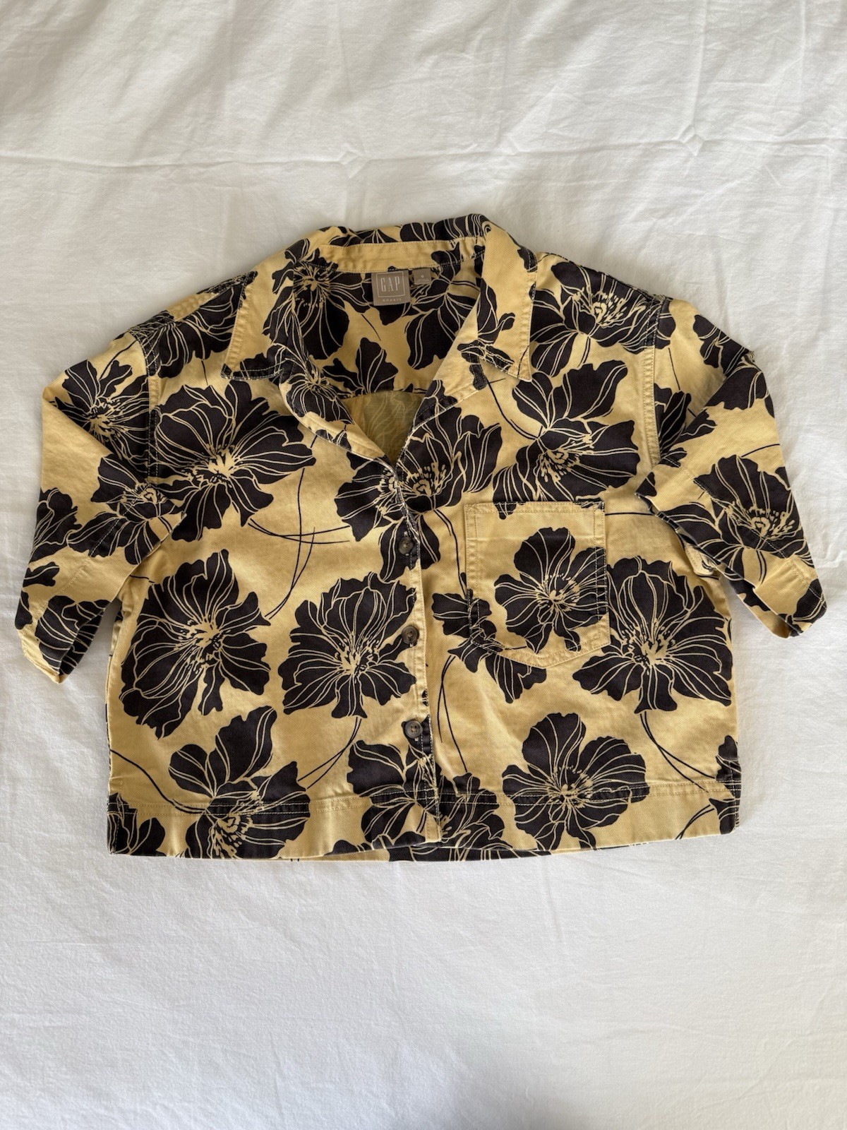 GAP Womens Short Sleeve Cropped Floral Button Front Shirt Mustard & Black Size S