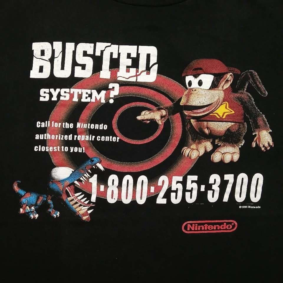 Vintage 95 Rare Nintendo Busted System Diddy Kong Donkey Kong T-Shirt Black XL