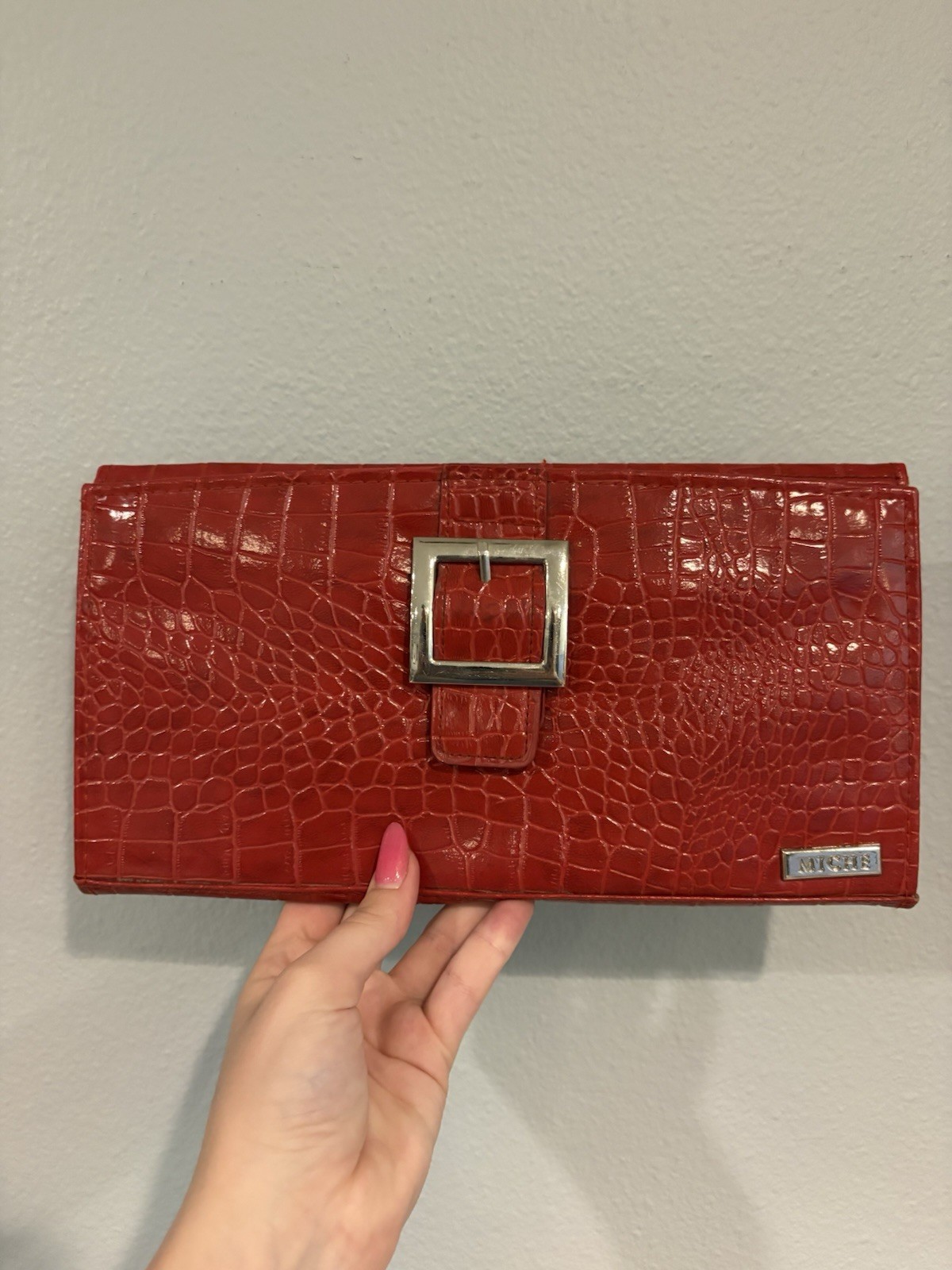 Miche Red Crocodile Embossed Patent Clutch Bag Silver Buckle Accent Bottom Studs